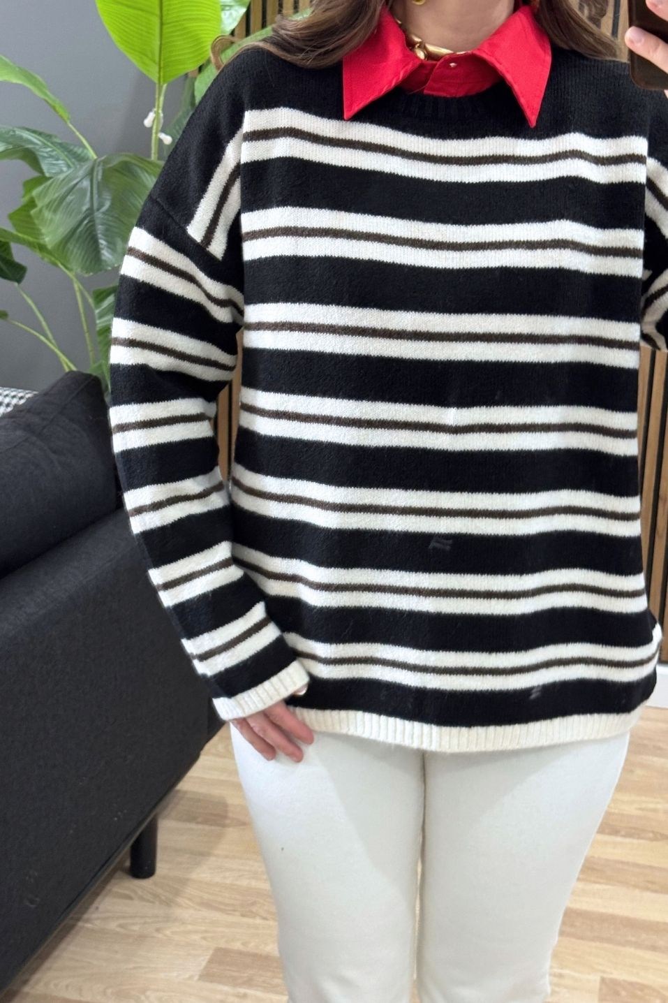 Mila Çizgili Oversize Triko Kazak Siyah-Krem