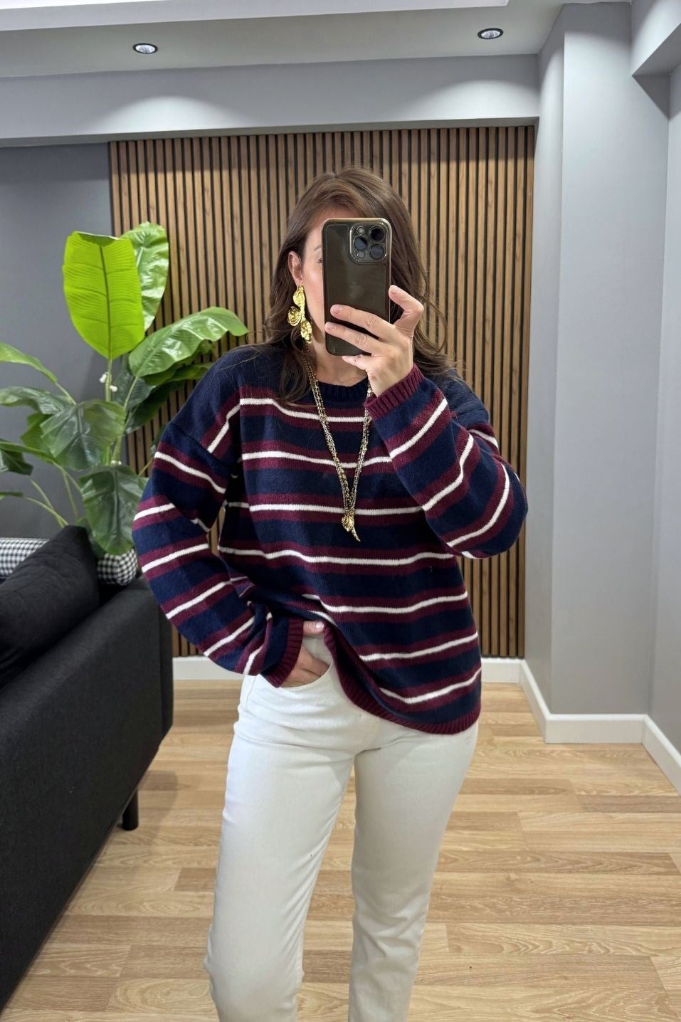 Mila Çizgili Oversize Triko Kazak Lacivert-Bordo