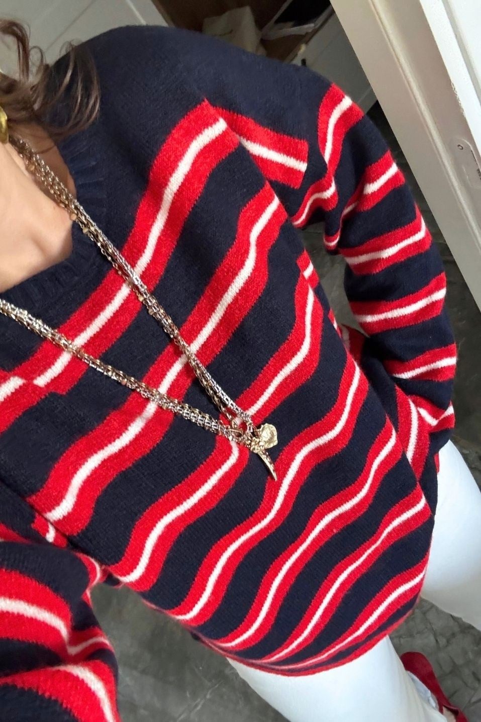 Mila Çizgili Oversize Triko Kazak Lacivert-Kırmızı