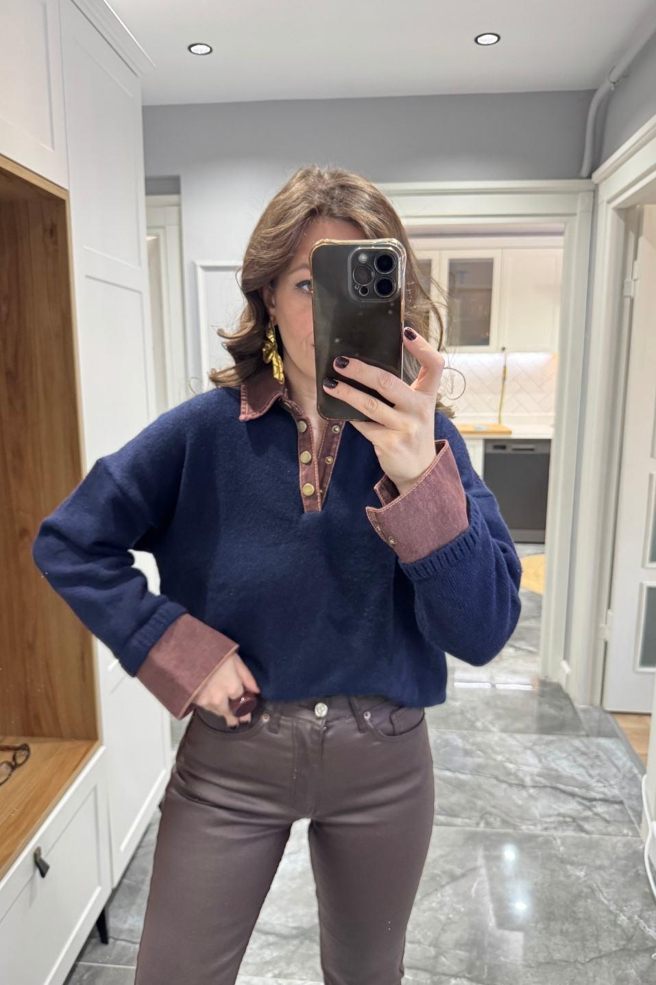 Yaka Denim Detaylı Premium Kazak Lacivert-Kahve