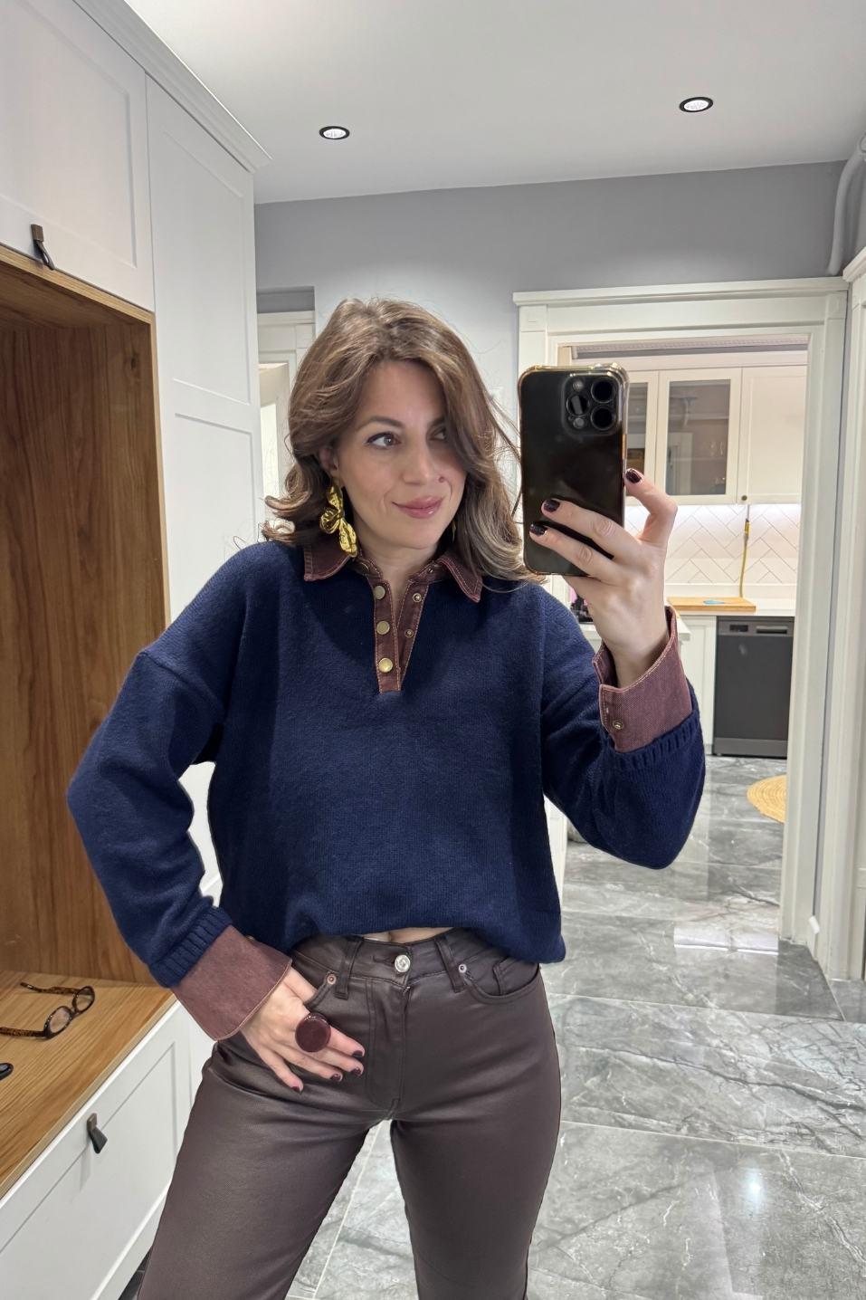 Yaka Denim Detaylı Premium Kazak Lacivert-Kahve