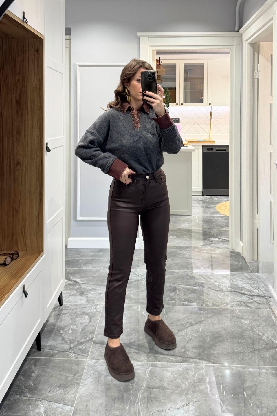 Yaka Denim Detaylı Premium Kazak Antrasit-Kahverengi