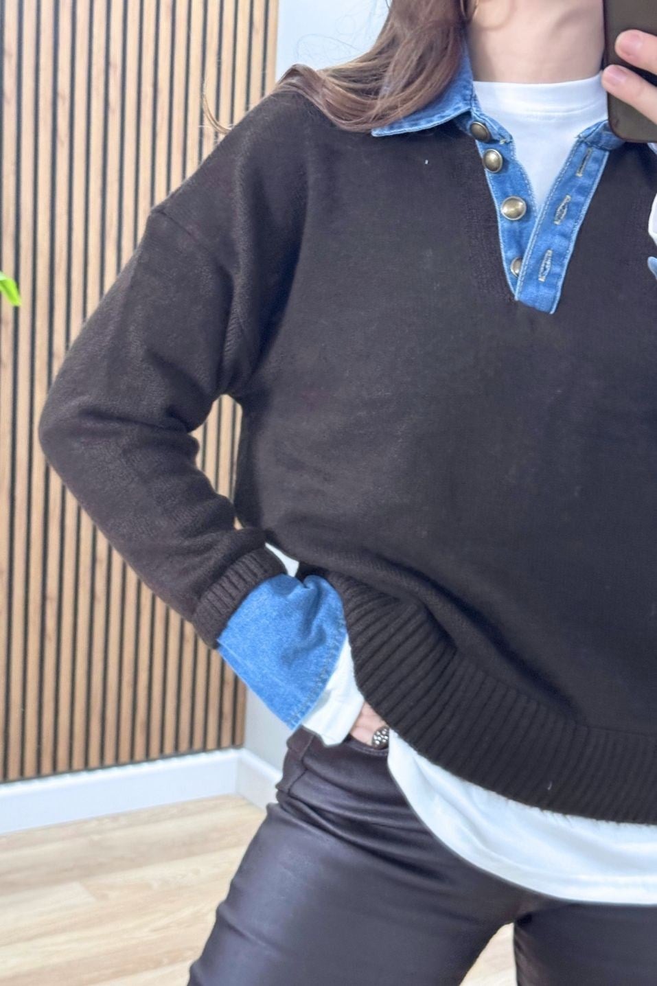 Yaka Denim Detaylı Premium Kazak Koyu Kahve