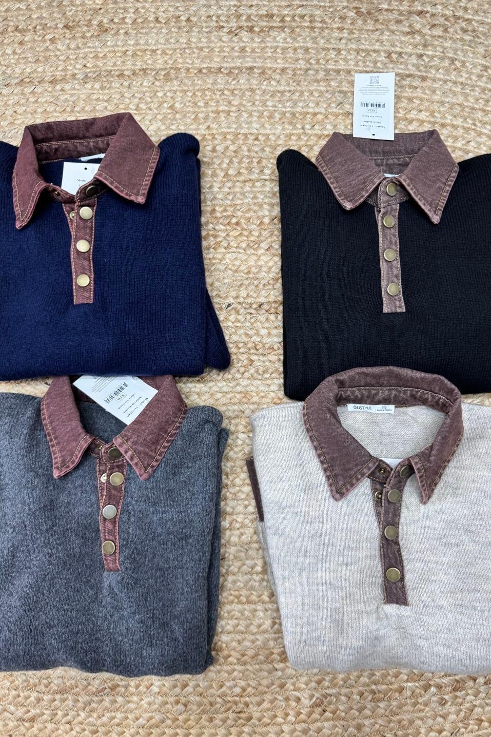 Yaka Denim Detaylı Premium Kazak Siyah-Kahverengi