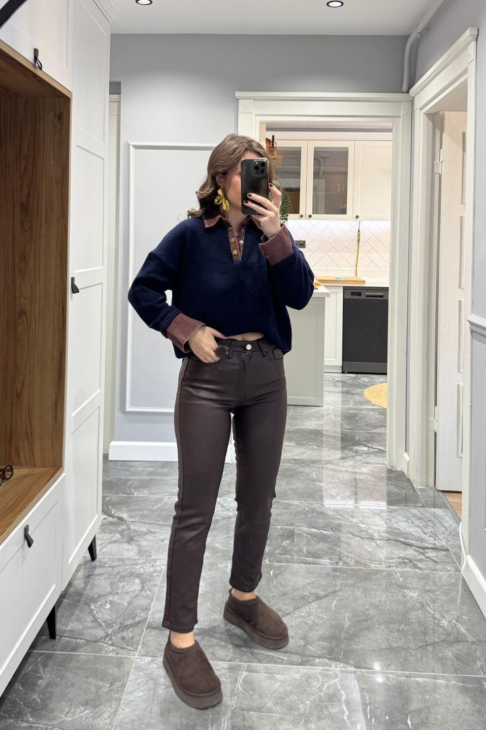 Yaka Denim Detaylı Premium Kazak Lacivert-Kahve