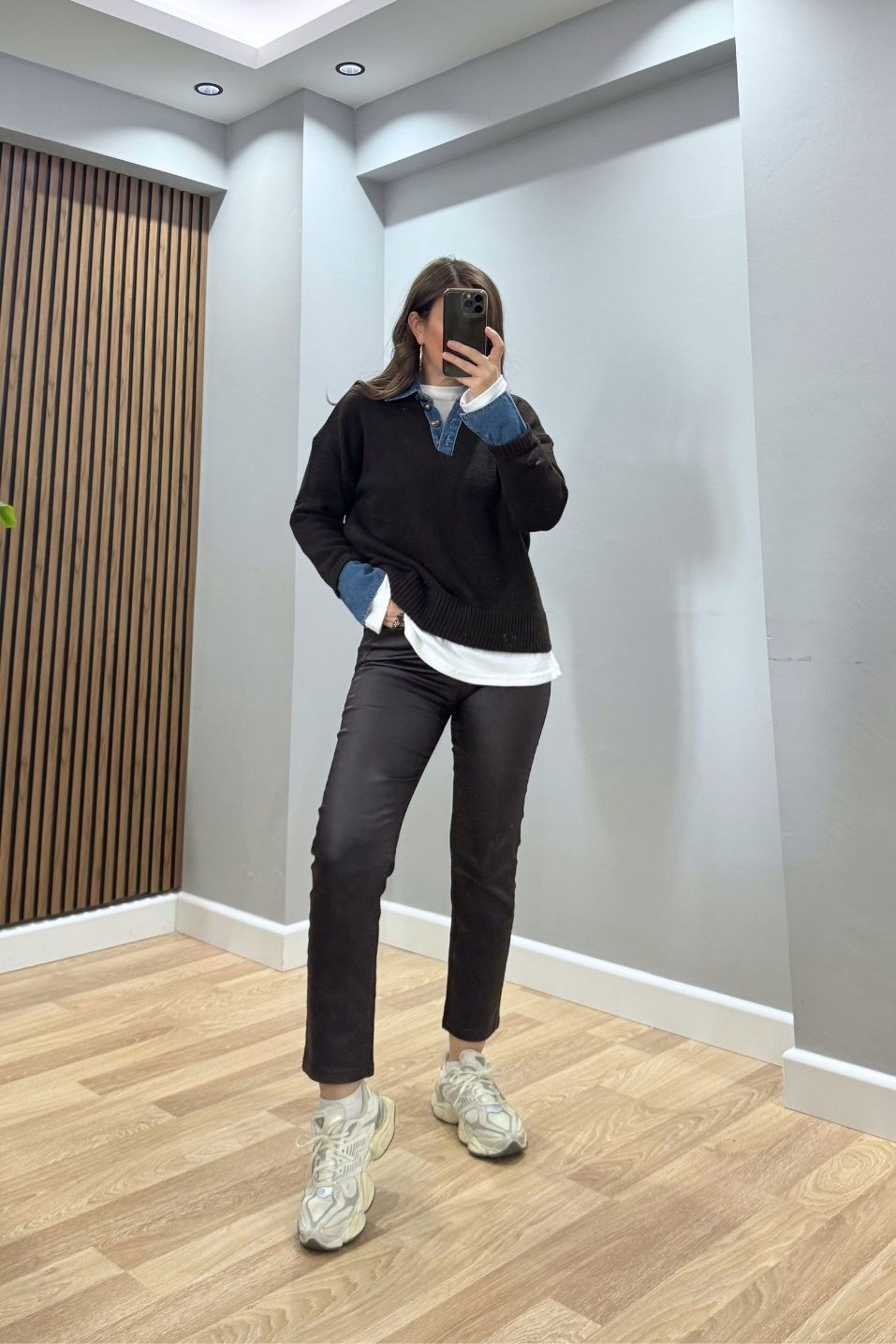 Yaka Denim Detaylı Premium Kazak Koyu Kahve