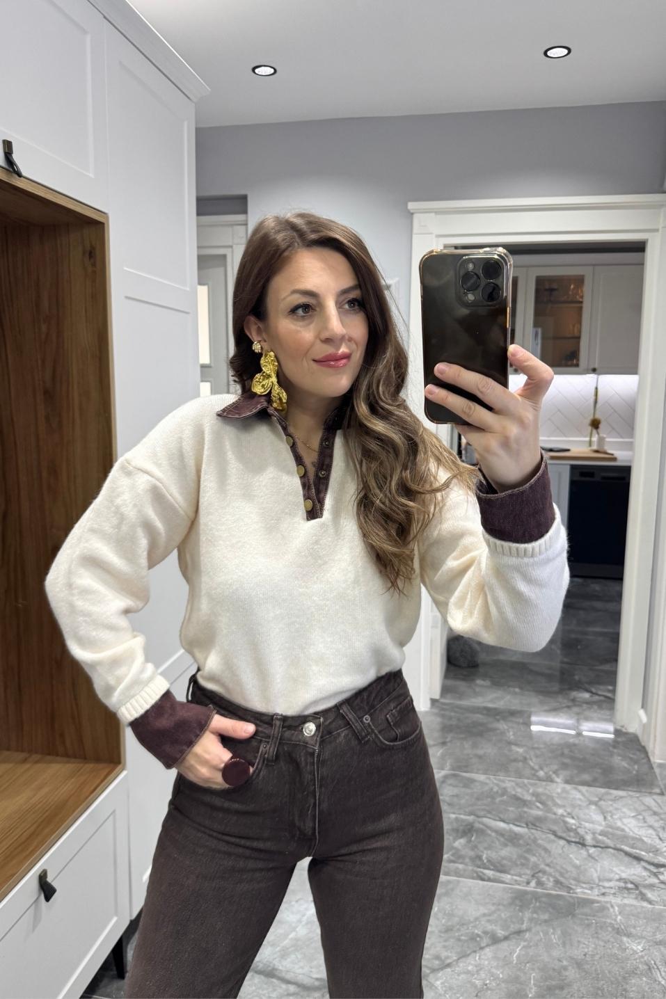 Yaka Denim Detaylı Premium Kazak Ekru