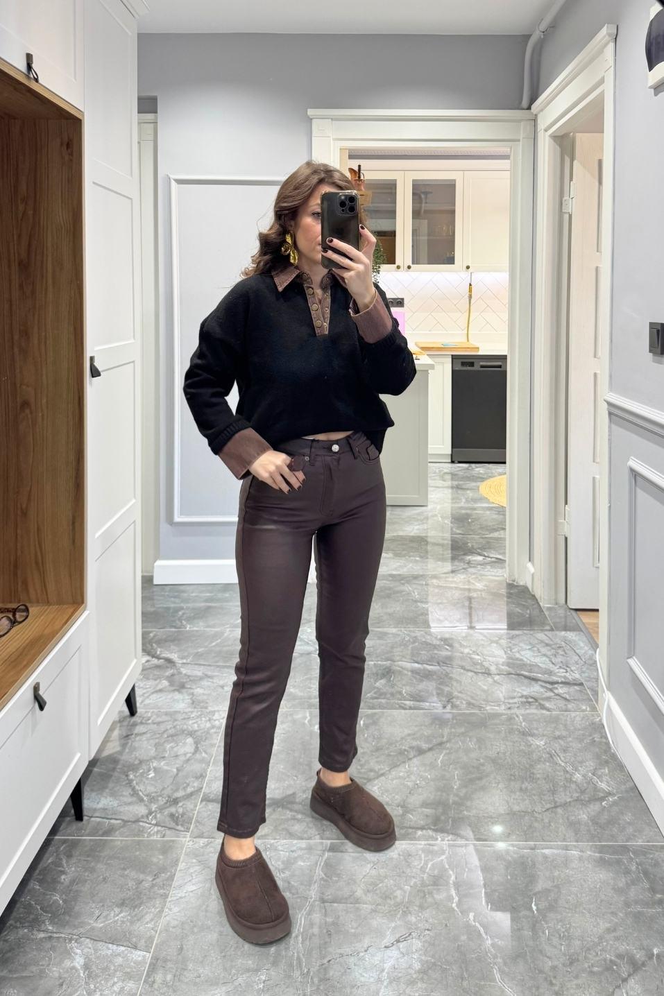 Yaka Denim Detaylı Premium Kazak Siyah-Kahverengi