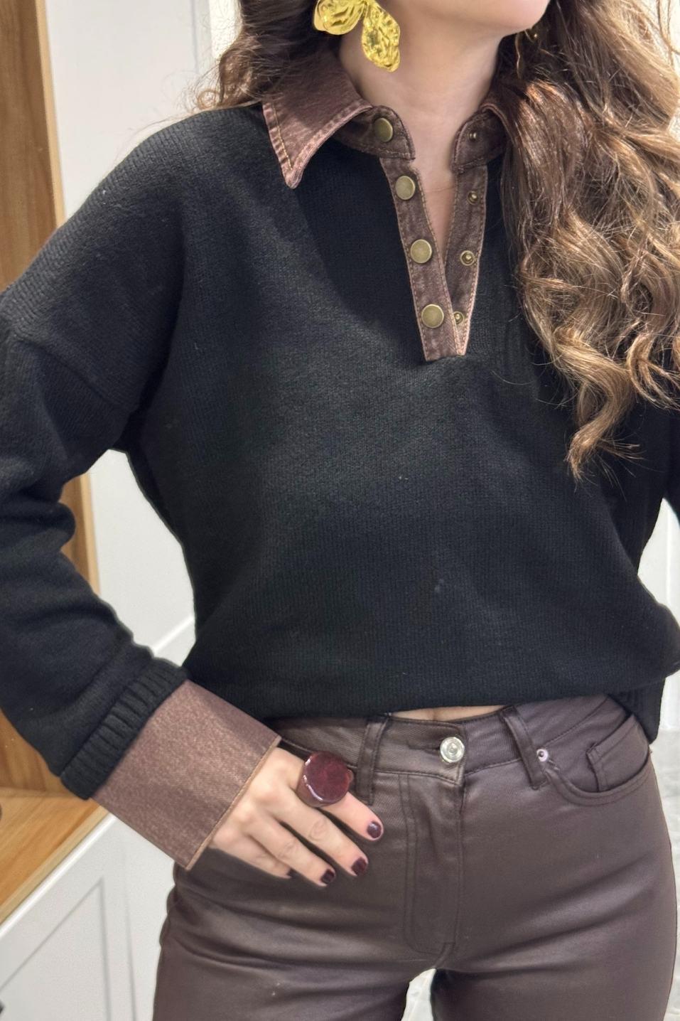 Yaka Denim Detaylı Premium Kazak Siyah-Kahverengi