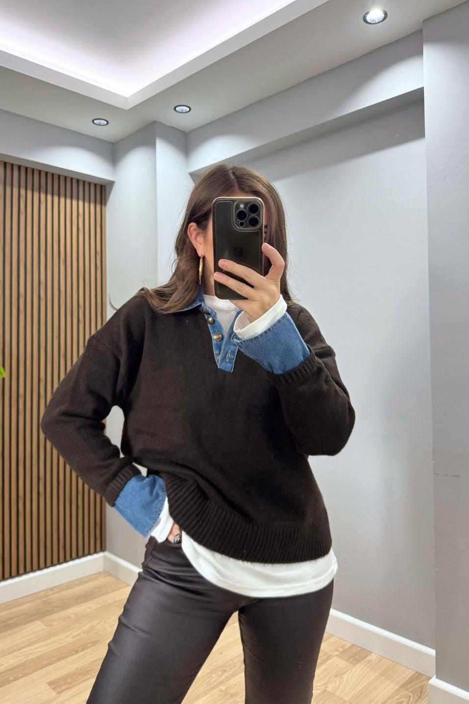 Yaka Denim Detaylı Premium Kazak Koyu Kahve