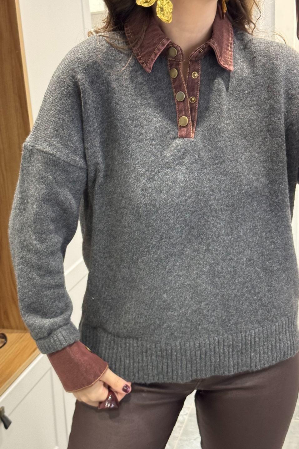 Yaka Denim Detaylı Premium Kazak Antrasit-Kahverengi