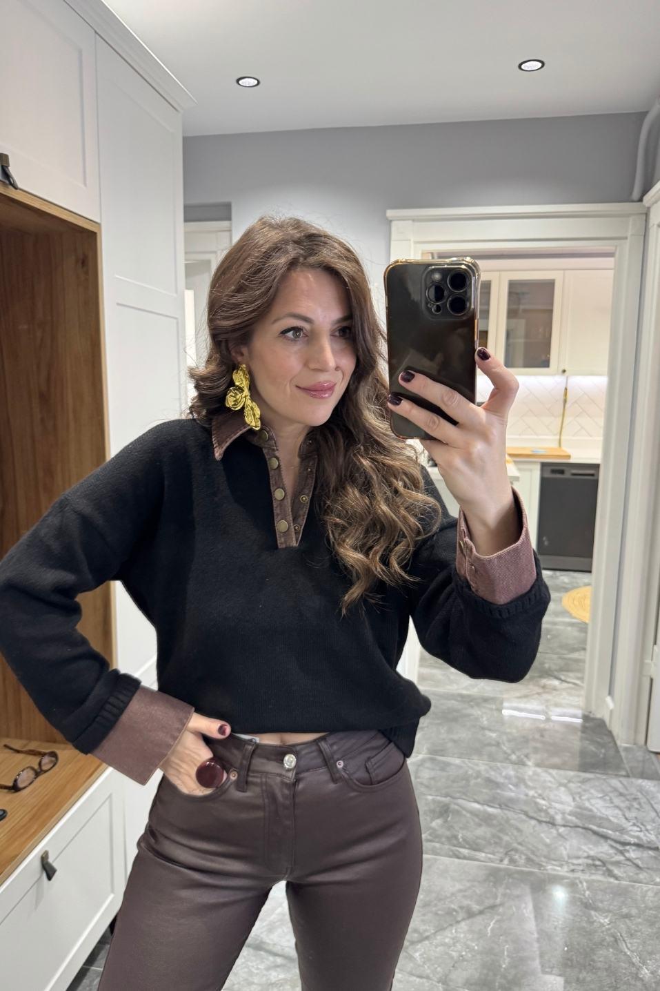 Yaka Denim Detaylı Premium Kazak Siyah-Kahverengi