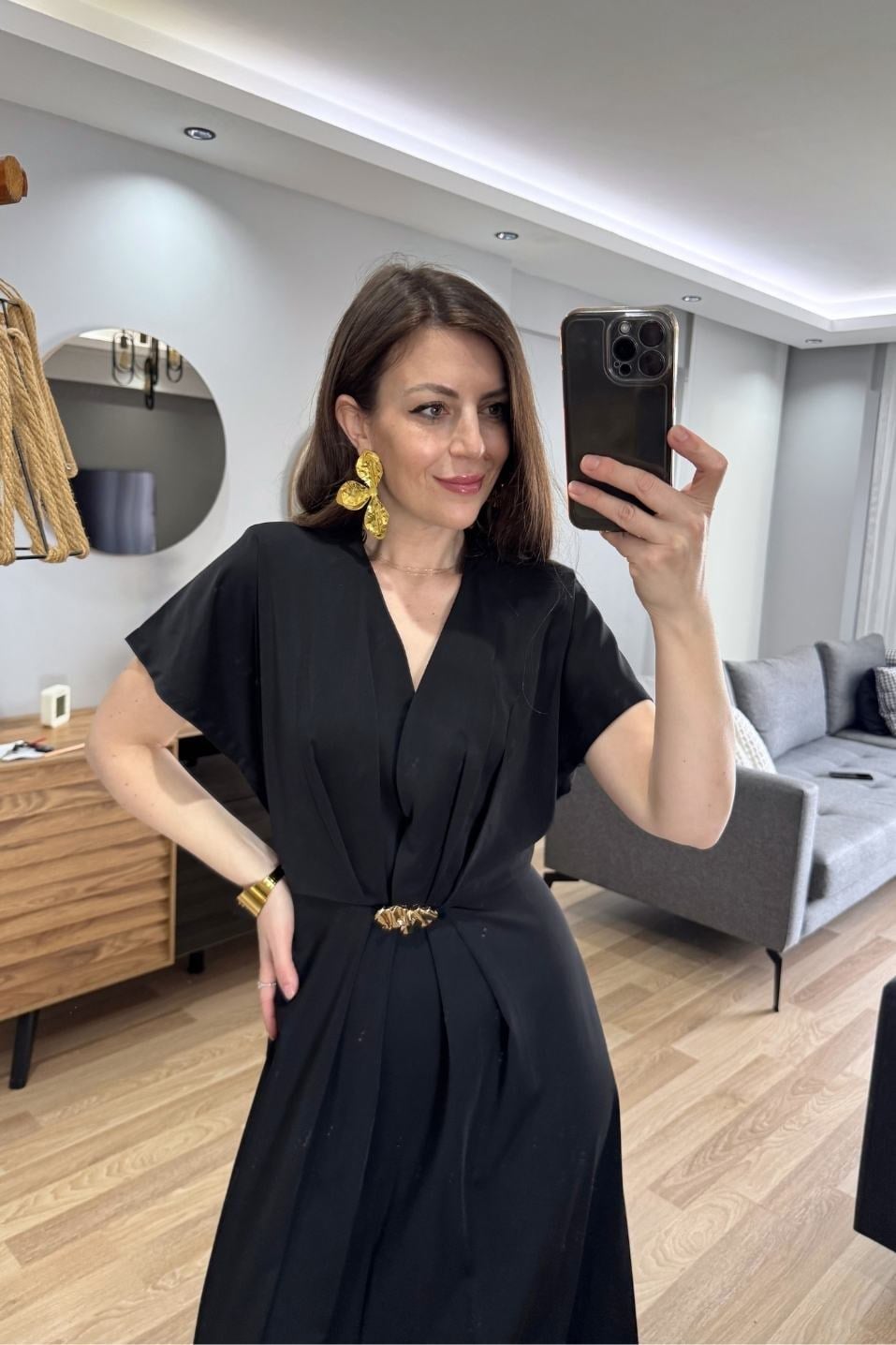 Arya Gold Tokalı Midi Elbise Siyah
