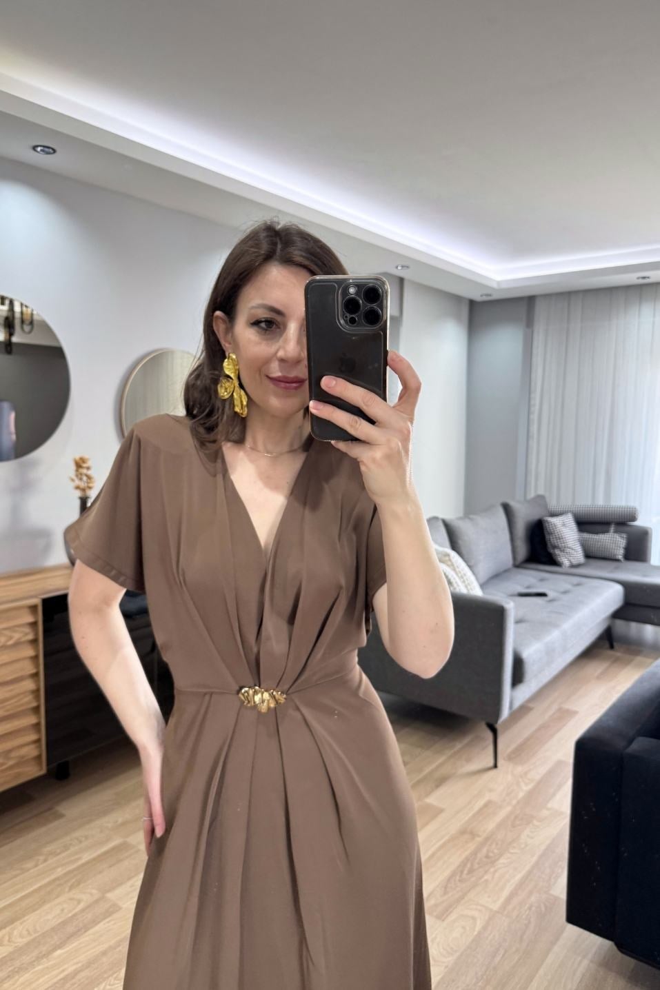 Arya Gold Tokalı Midi Elbise Kahverengi