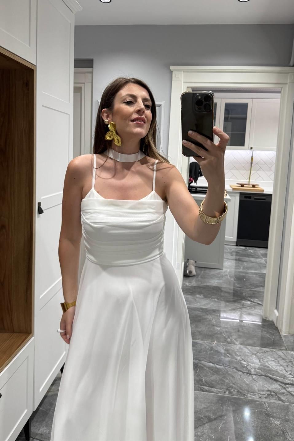 İp Askılı Degaje Yaka Astarlı Uzun Tül Elbise Beyaz