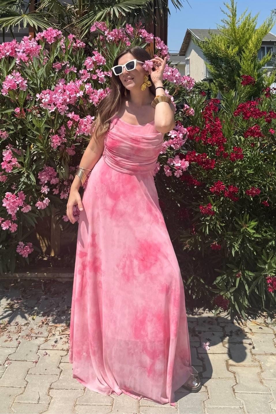İp Askılı Degaje Yaka Astarlı Uzun Tül Elbise Pembe