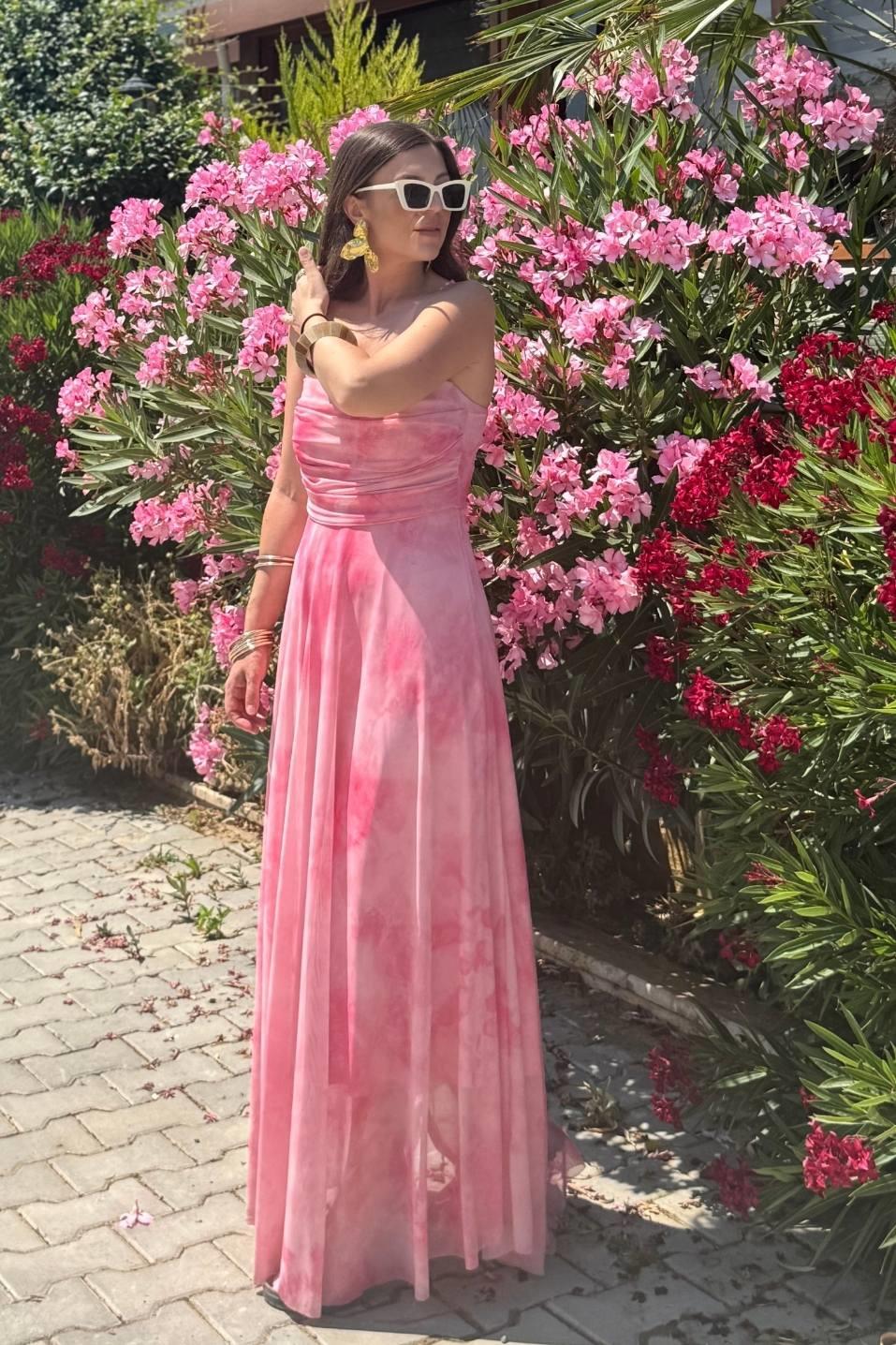İp Askılı Degaje Yaka Astarlı Uzun Tül Elbise Pembe