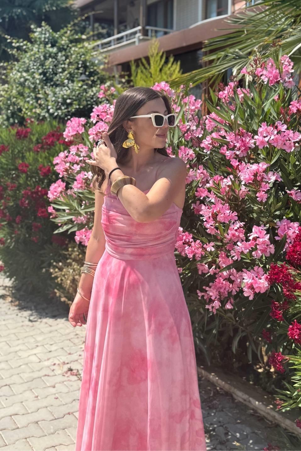 İp Askılı Degaje Yaka Astarlı Uzun Tül Elbise Pembe