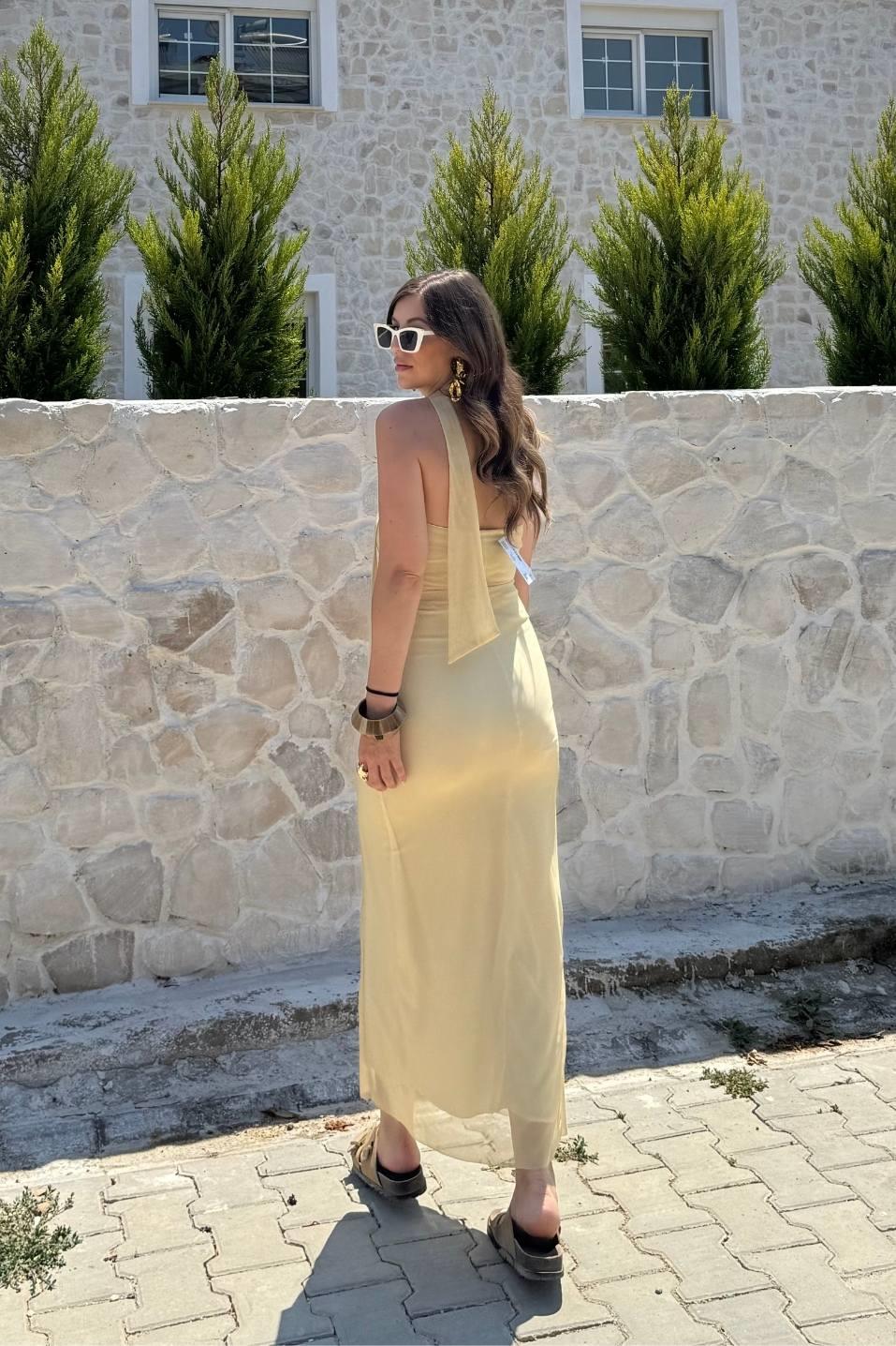 Larissa Desenli Şallı Elbise Açık Sarı