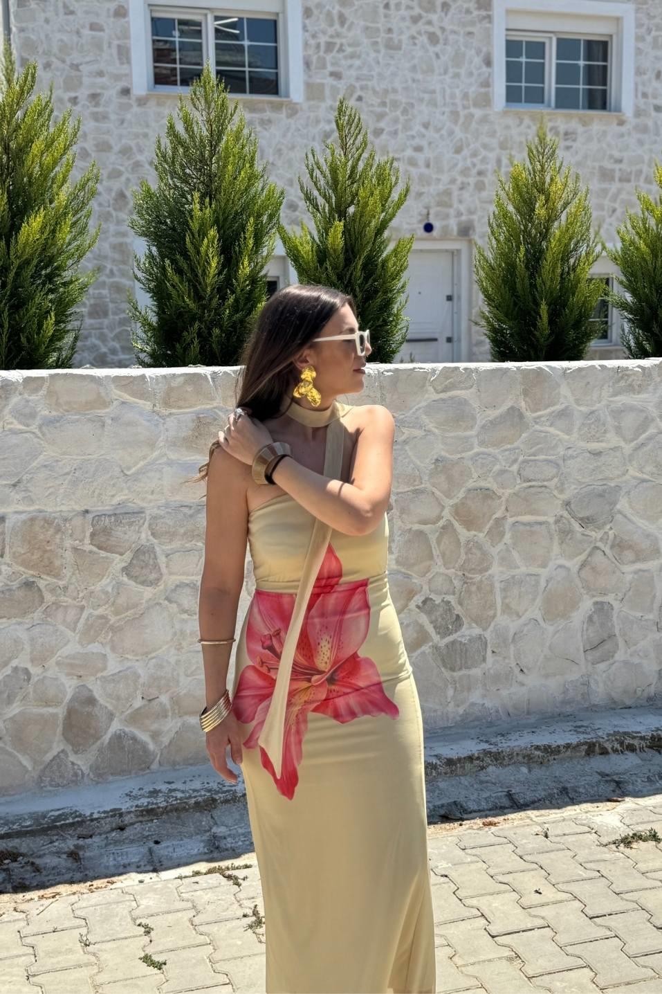 Larissa Desenli Şallı Elbise Açık Sarı