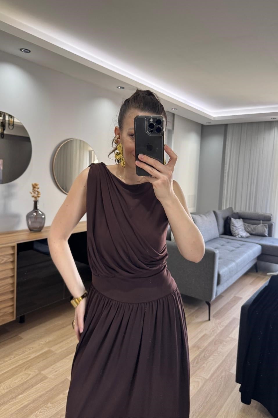 Noirelle Drapeli Midi Elbise Kahverengi