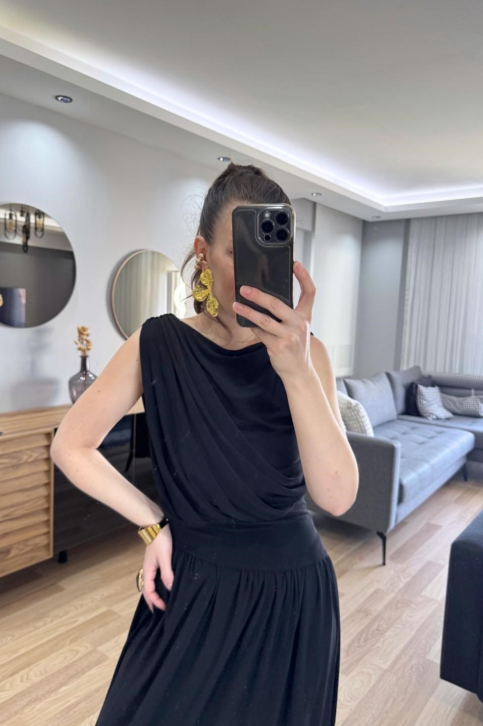 Noirelle Drapeli Midi Elbise Siyah