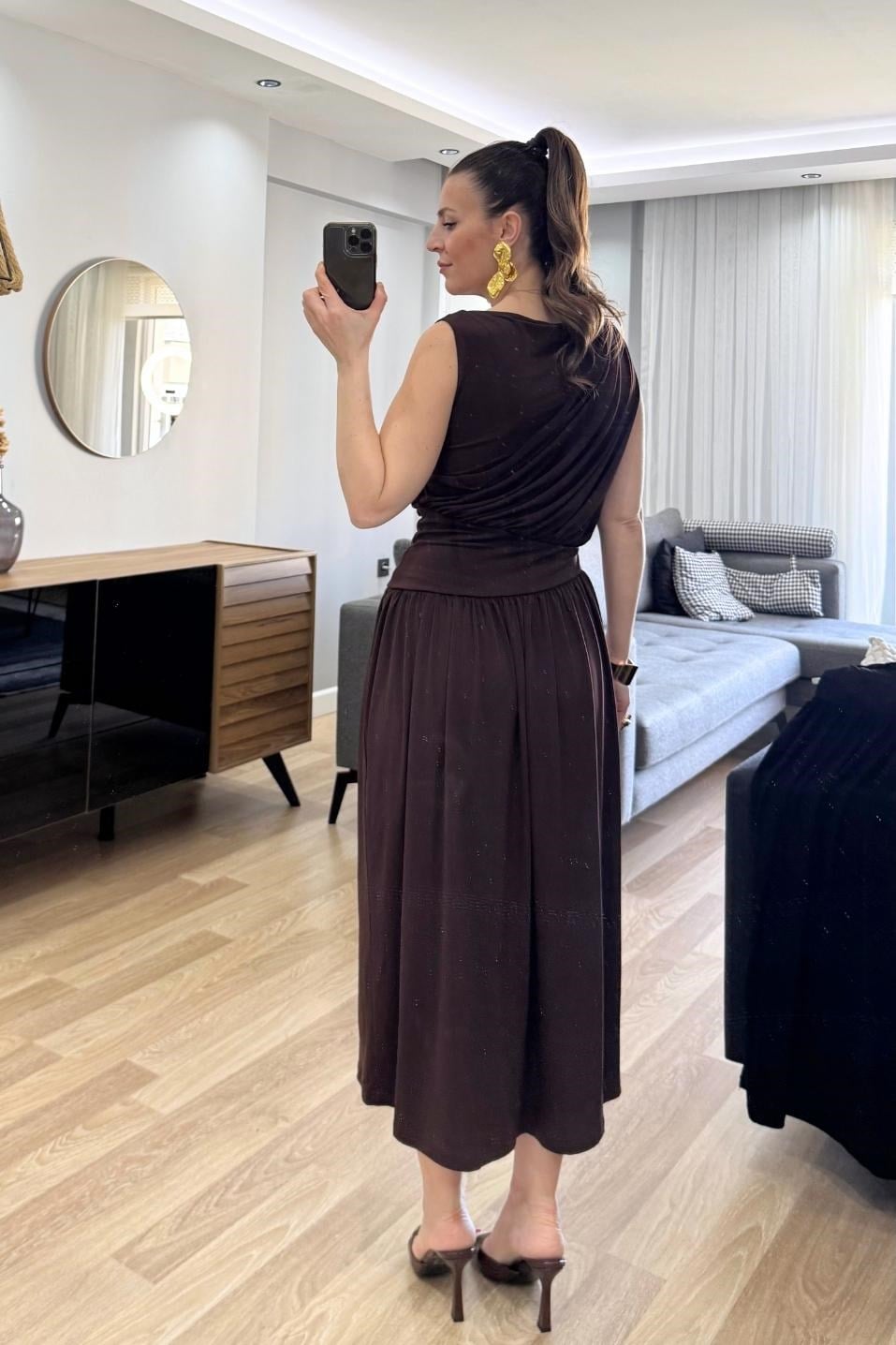 Noirelle Drapeli Midi Elbise Kahverengi