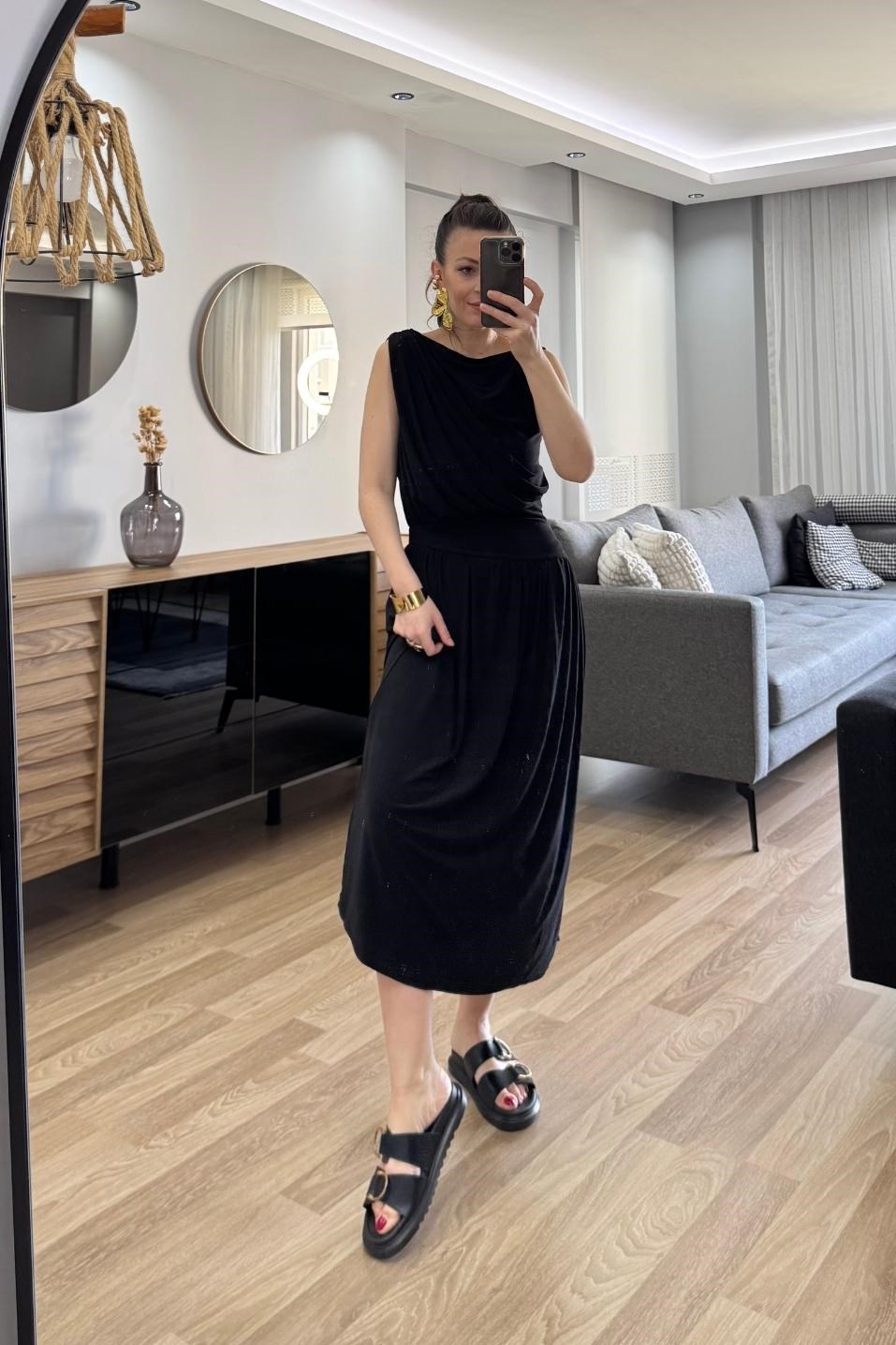 Noirelle Drapeli Midi Elbise Siyah