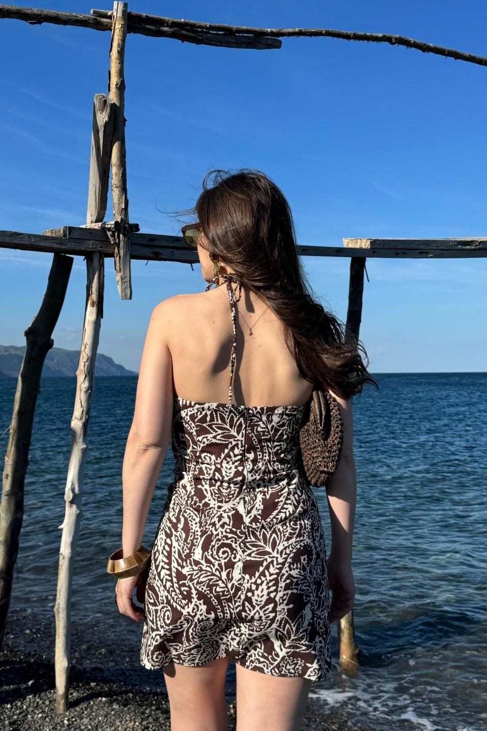 Siena Boyundan Bağlama Detaylı Mini Elbise Kahverengi