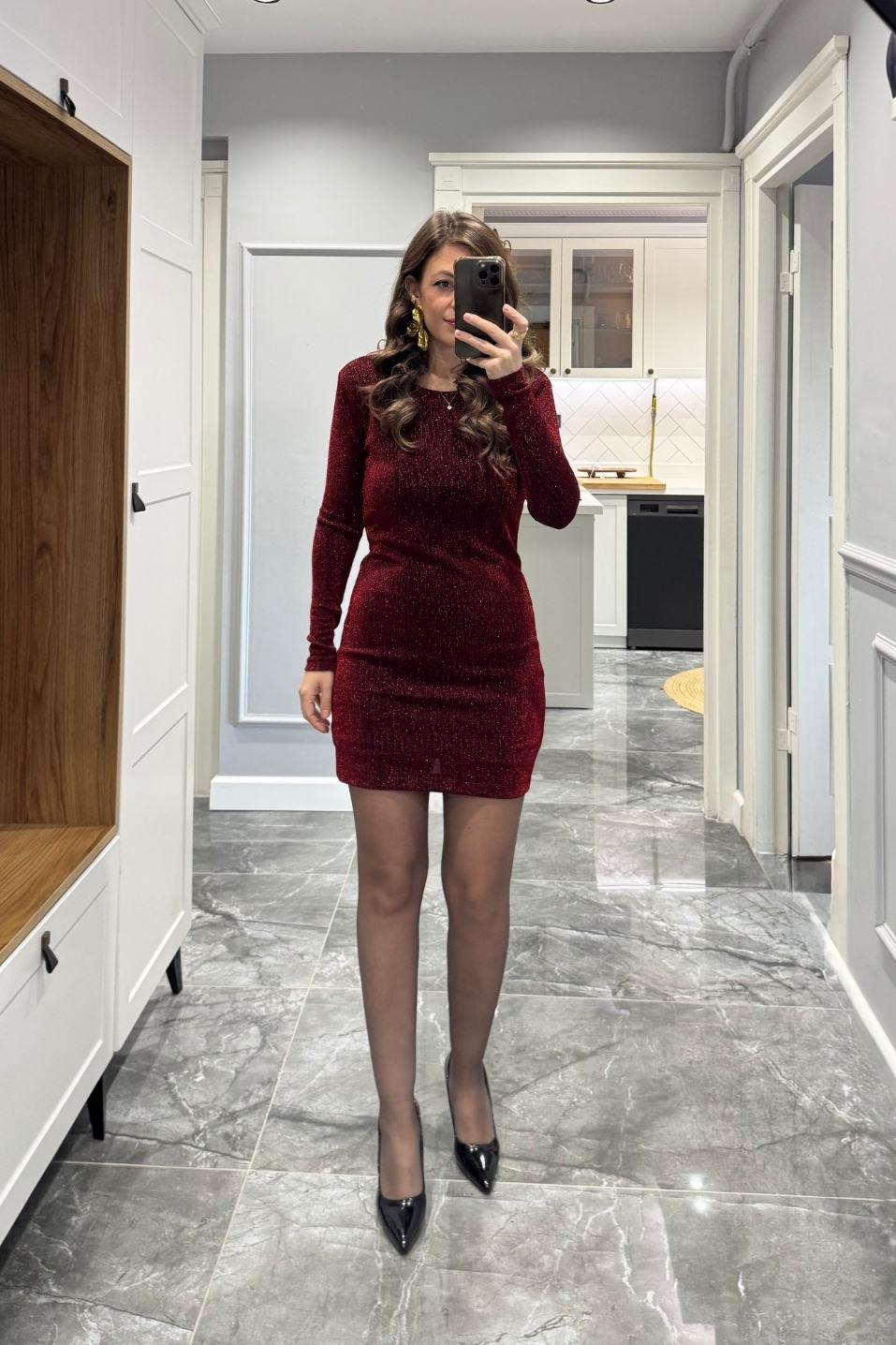 Simli Taşlı Elbise Bordo