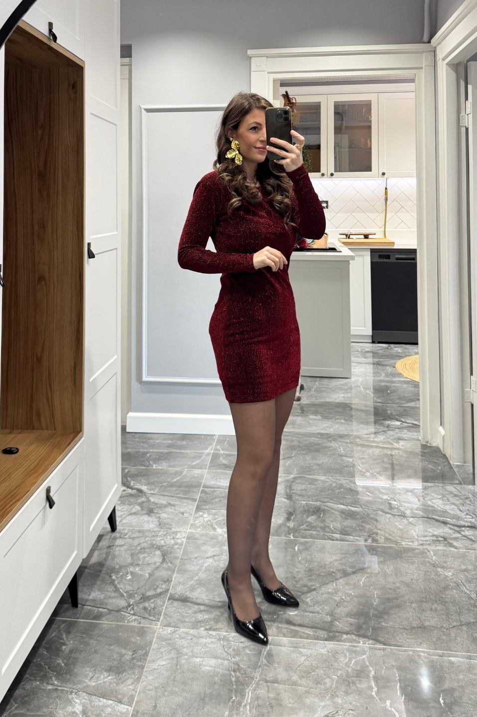 Simli Taşlı Elbise Bordo