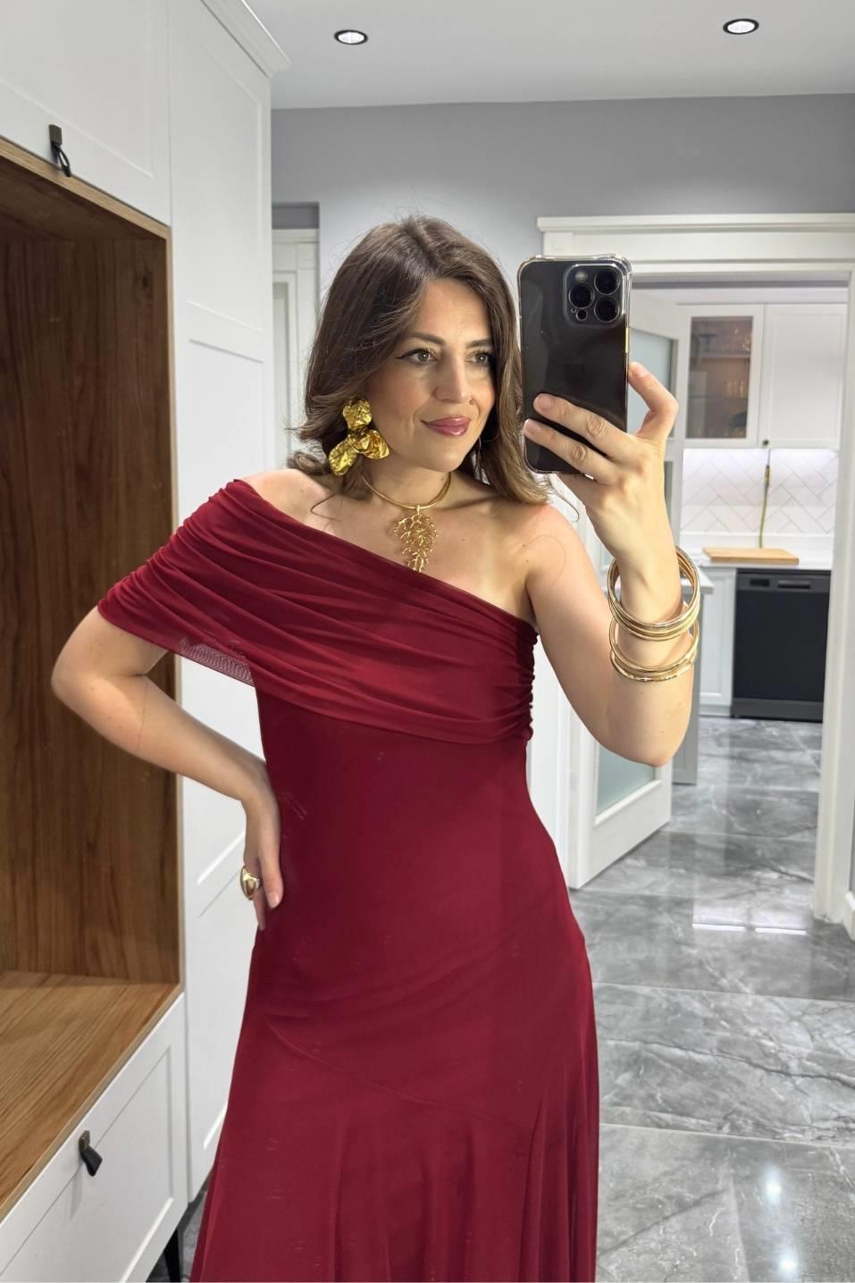 Tek Omuz Astarlı Tül Elbise Bordo