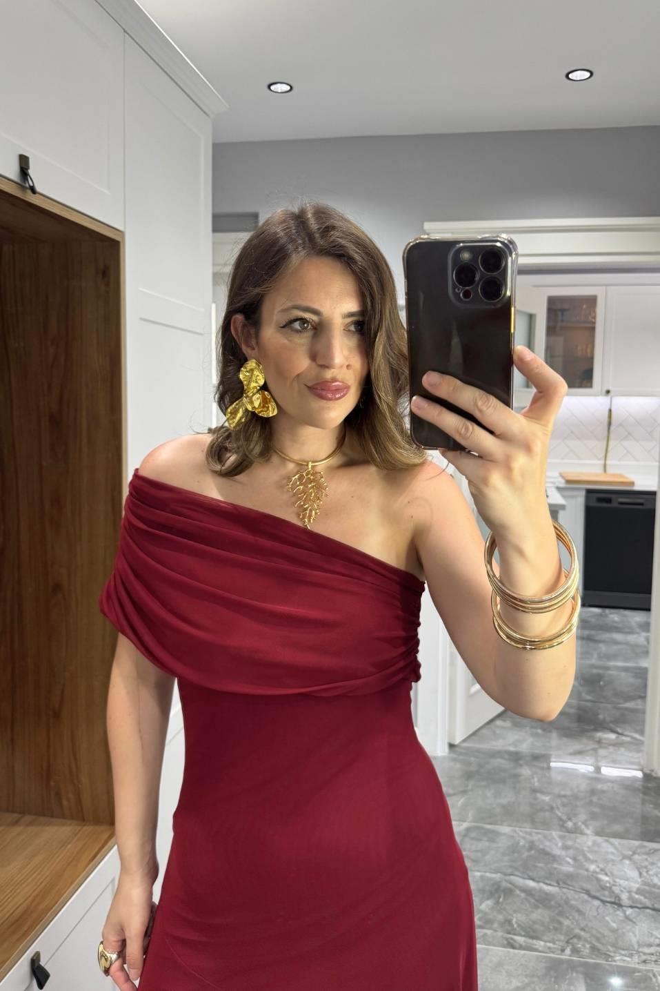 Tek Omuz Astarlı Tül Elbise Bordo