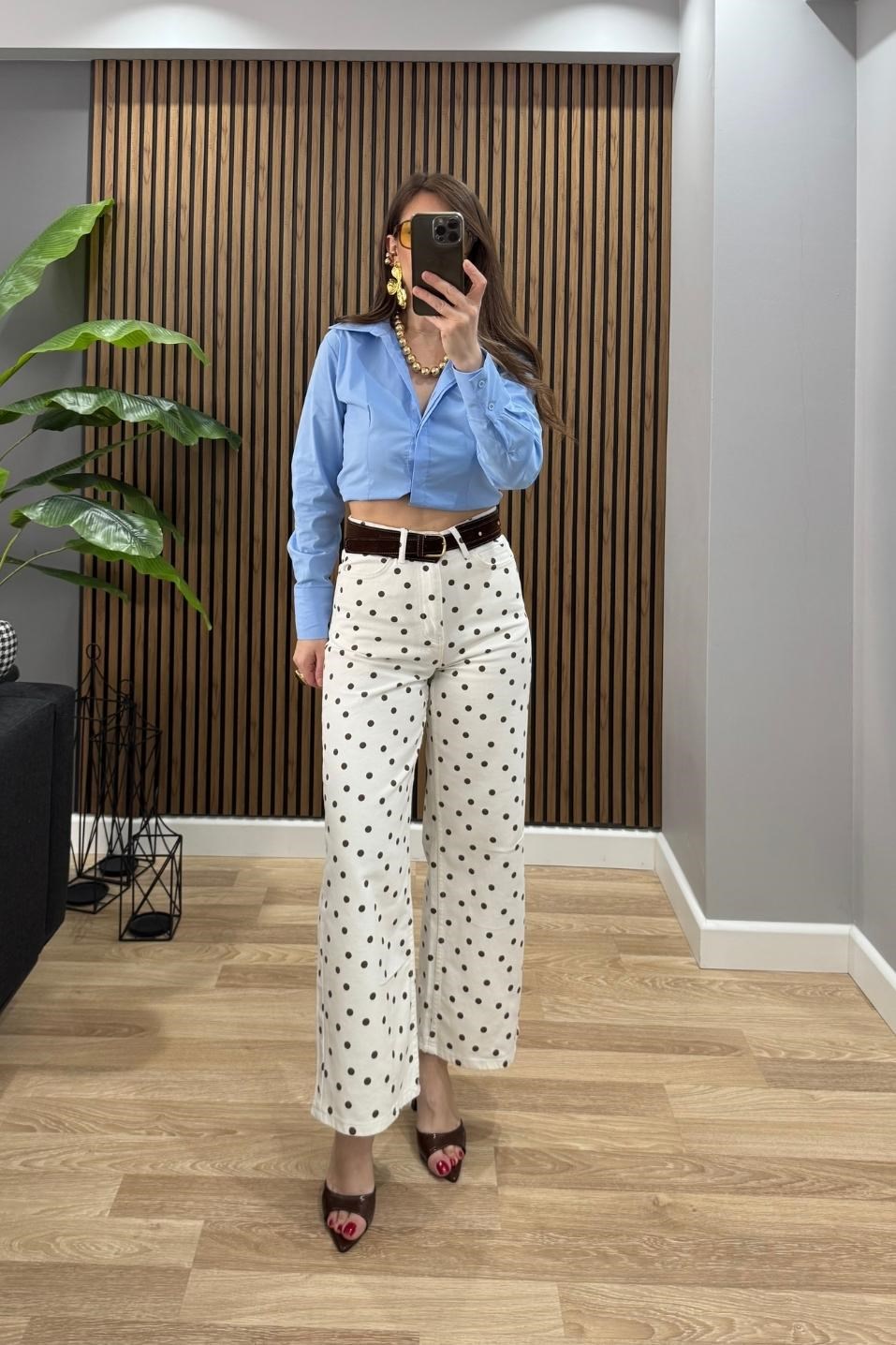 Puantiyeli Culotte Yüksek Bel Jean Ekru