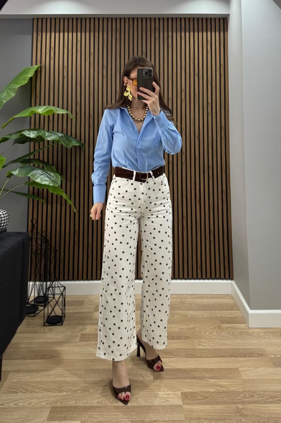 Kot Pantolon Puantiyeli Culotte Yüksek Bel Jean Ekru