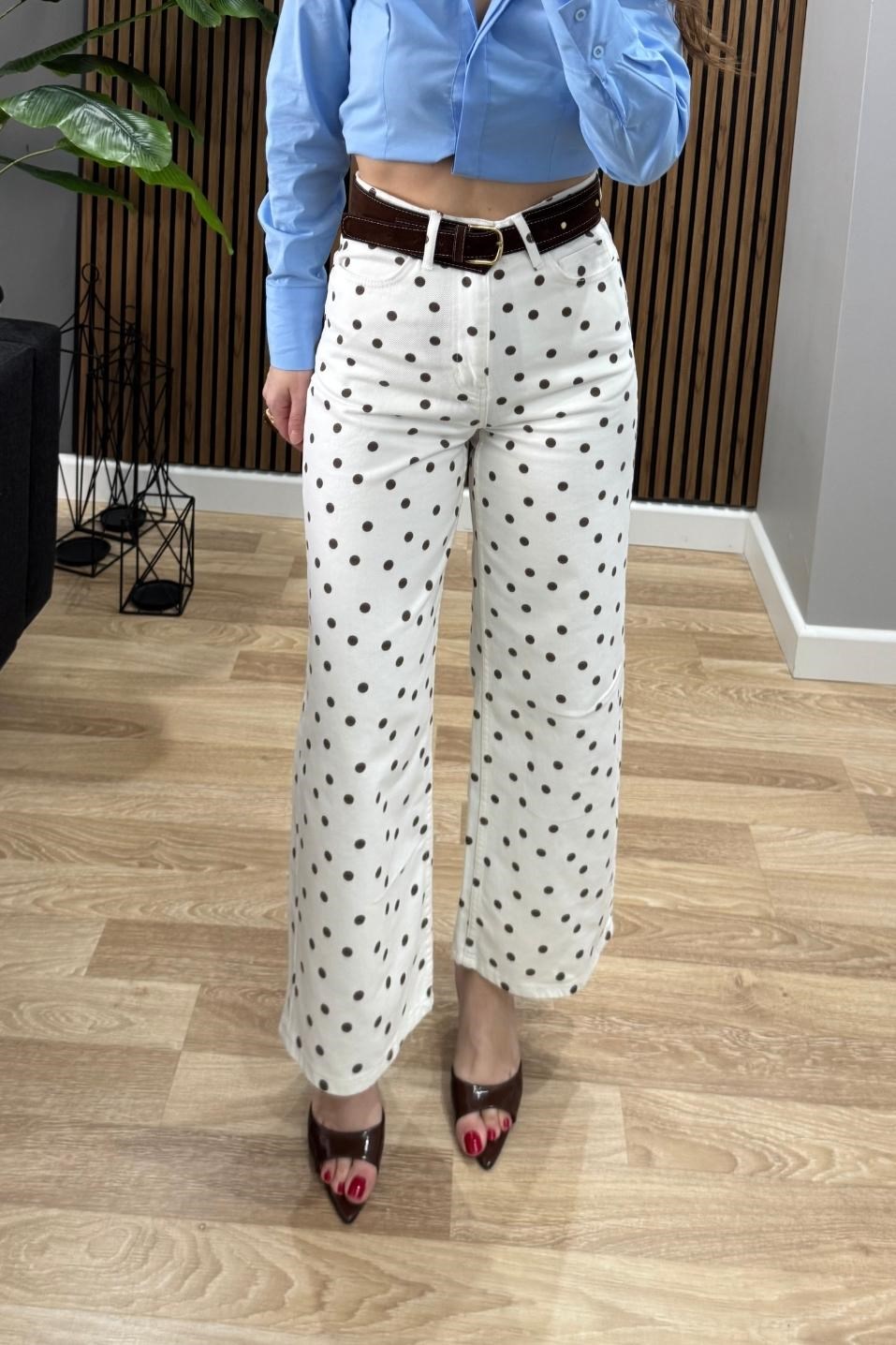 Puantiyeli Culotte Yüksek Bel Jean Ekru