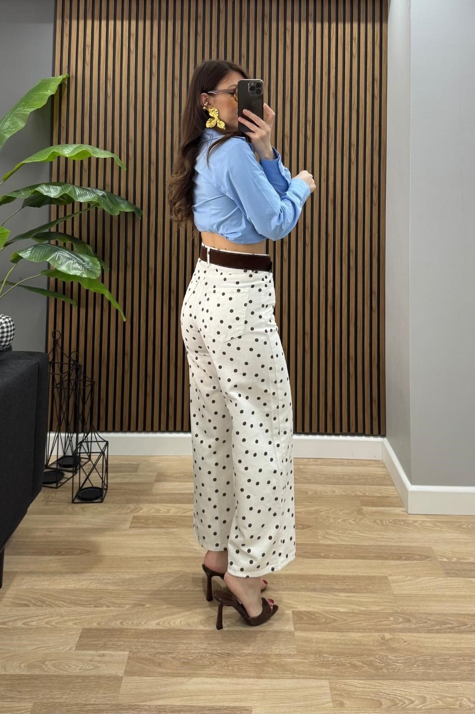 Puantiyeli Culotte Yüksek Bel Jean Ekru