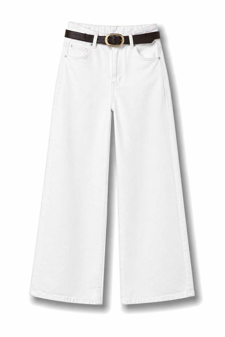 Yüksek Bel Kemerli Geniş Paça Jean Beyaz
