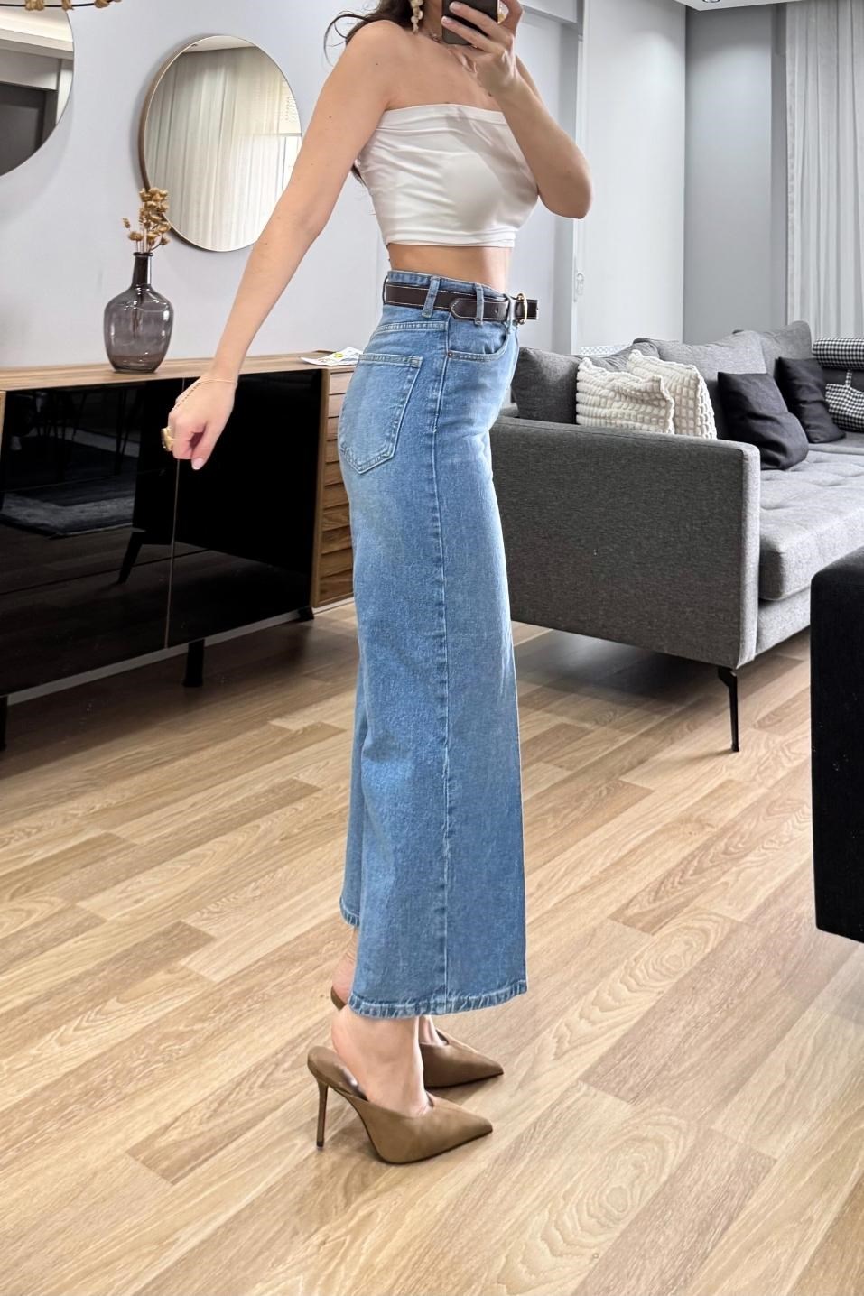 Yüksek Bel Kemerli Geniş Paça Jean Açık Mavi