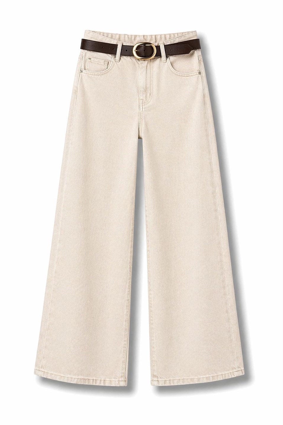 Yüksek Bel Kemerli Geniş Paça Jean Taş