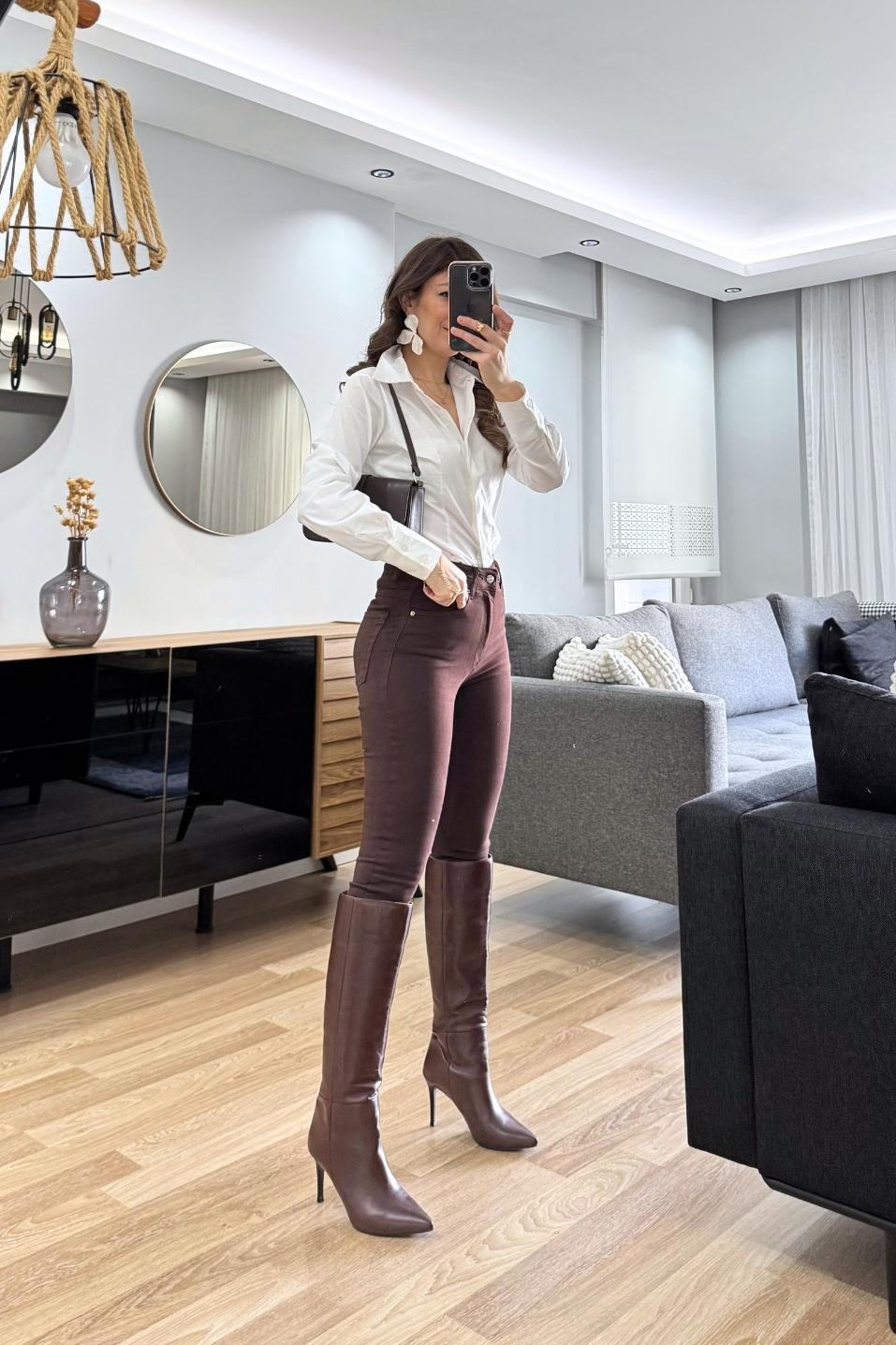 Yüksek Bel Skınny Toparlayıcı Jean Kahverengi