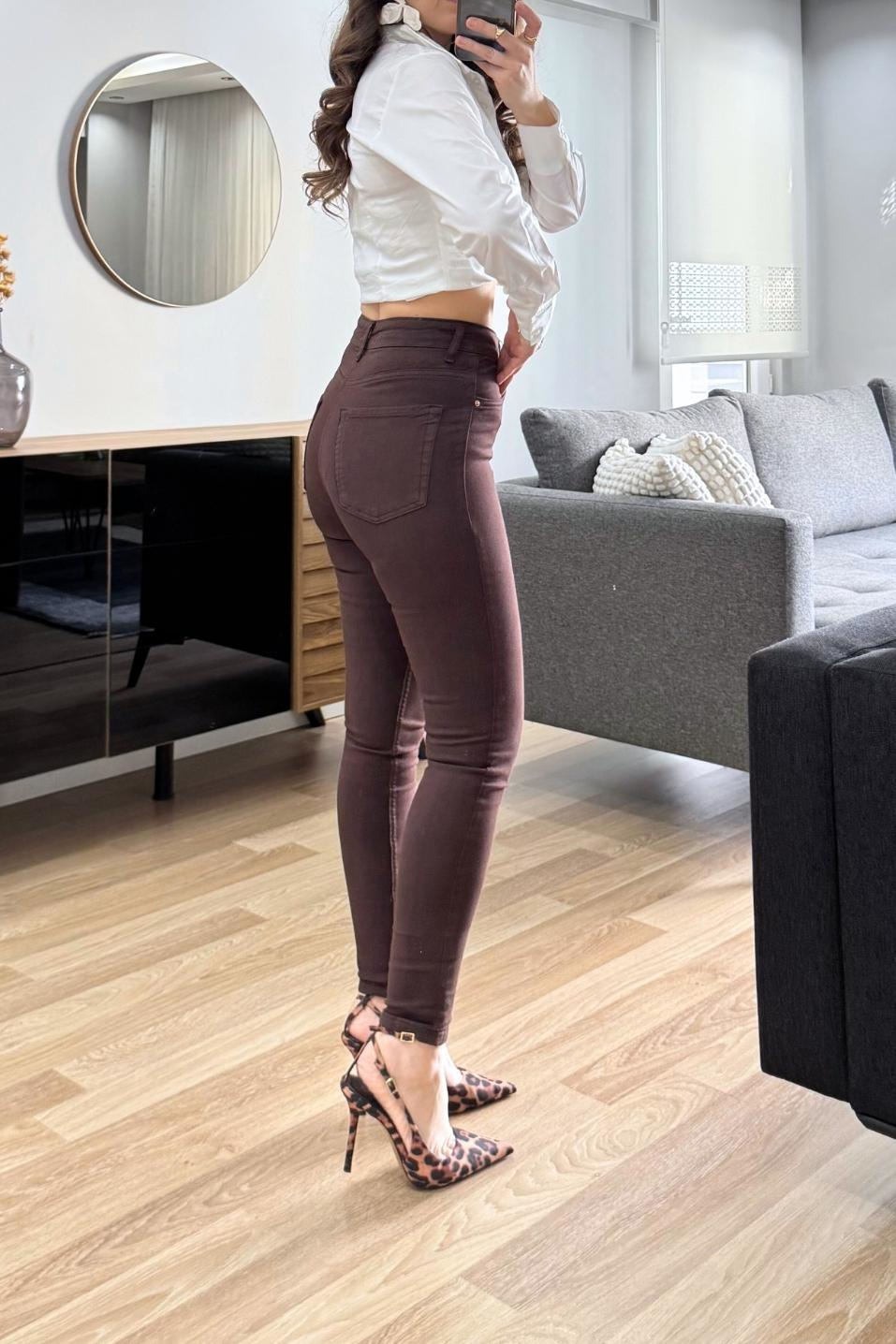 Yüksek Bel Skınny Toparlayıcı Jean Kahverengi