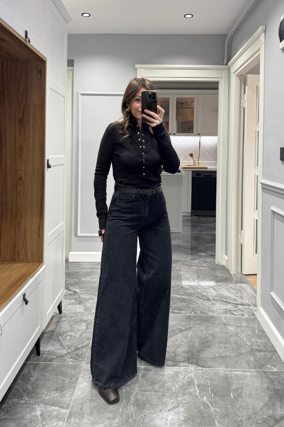 Zr Baggy Yüksek Bel Bol Paça Jean Füme