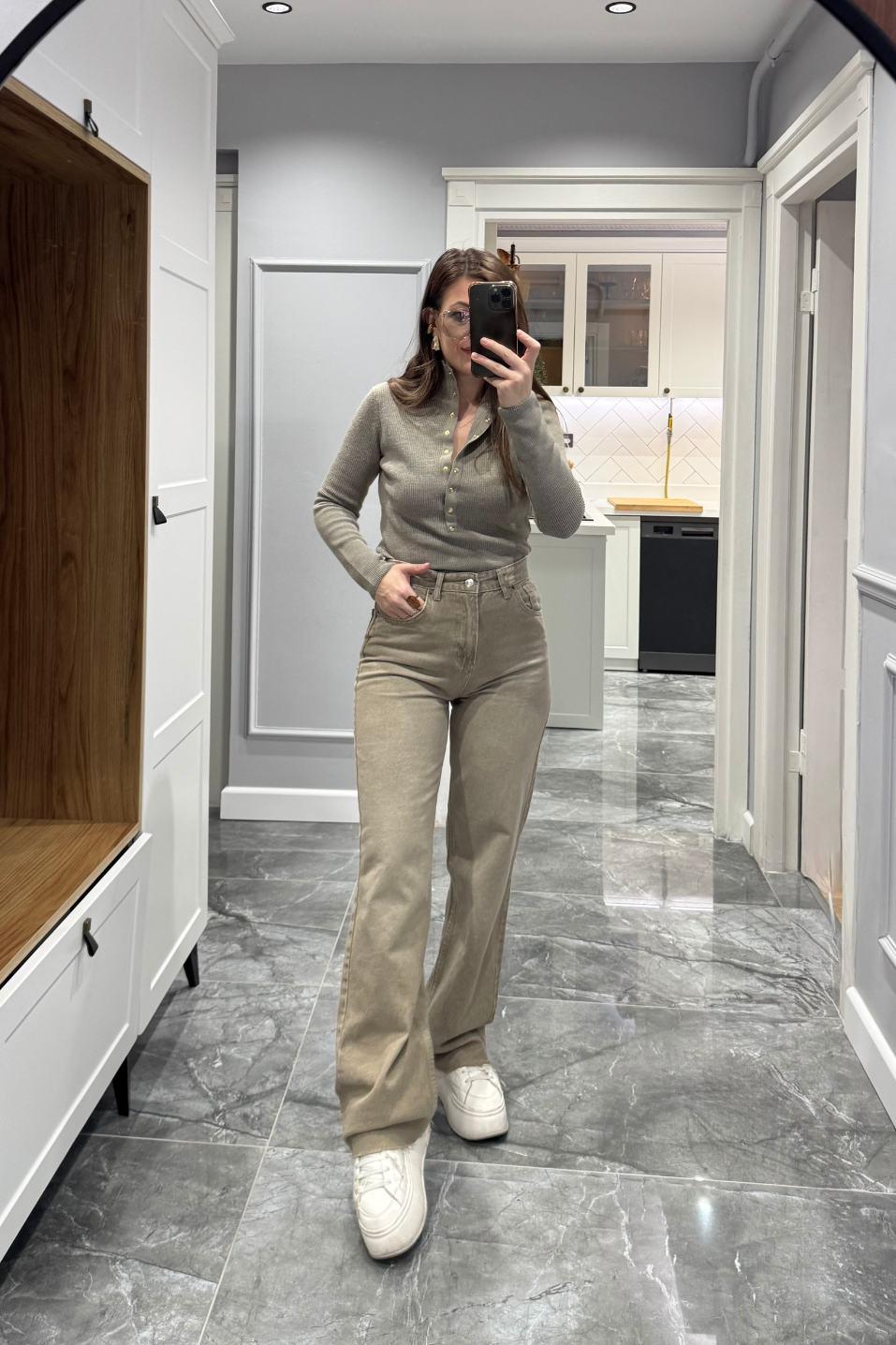 Zr Model Yıkamalı Straight Jean Bej