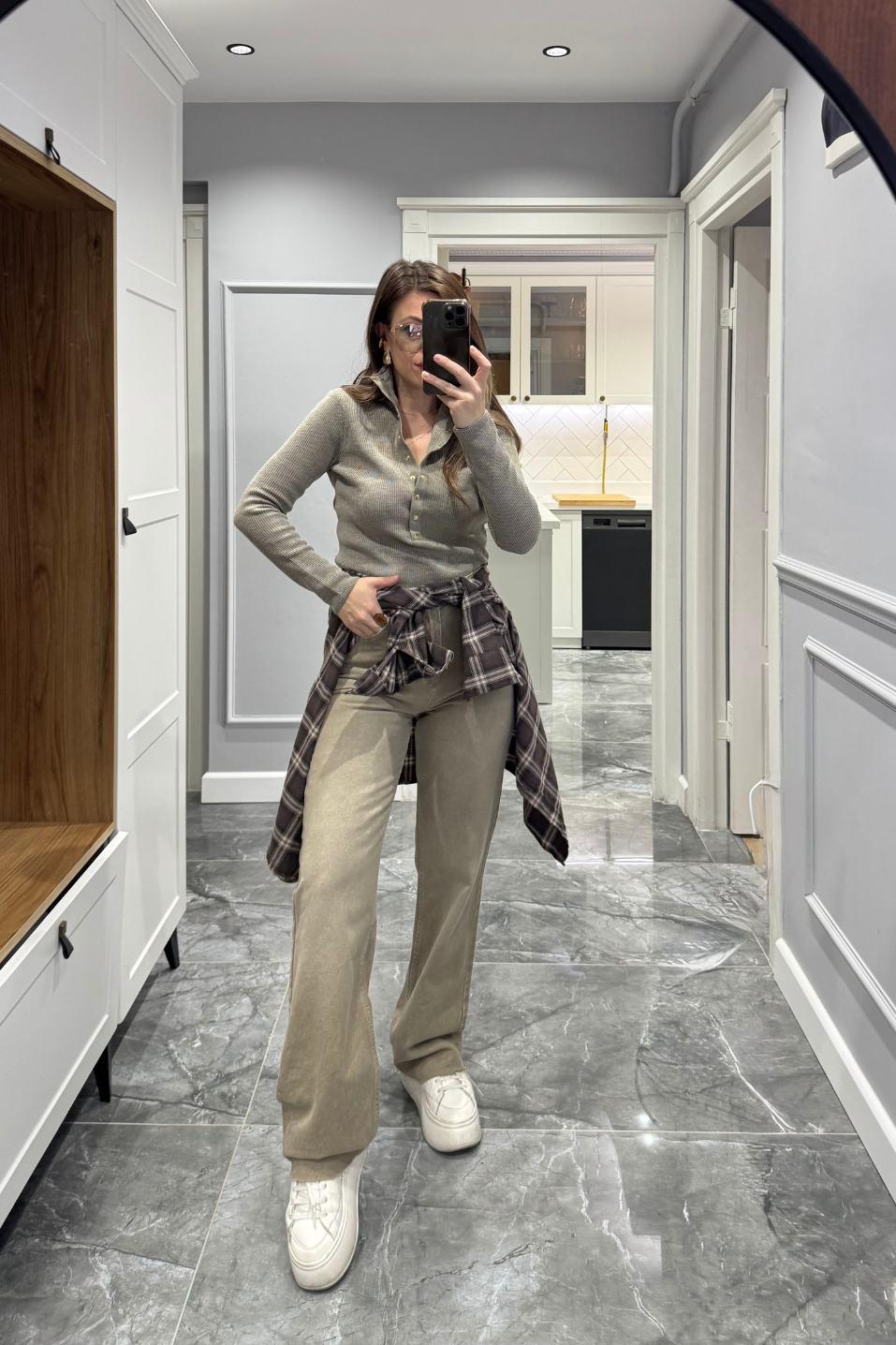 Zr Model Yıkamalı Straight Jean Bej