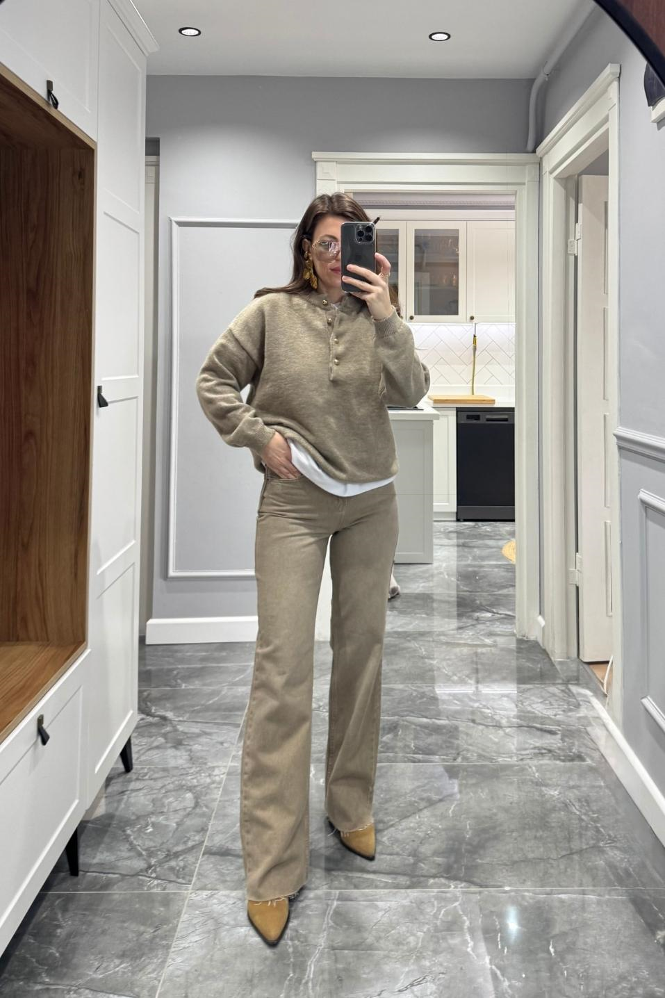 Zr Model Yıkamalı Straight Jean Bej