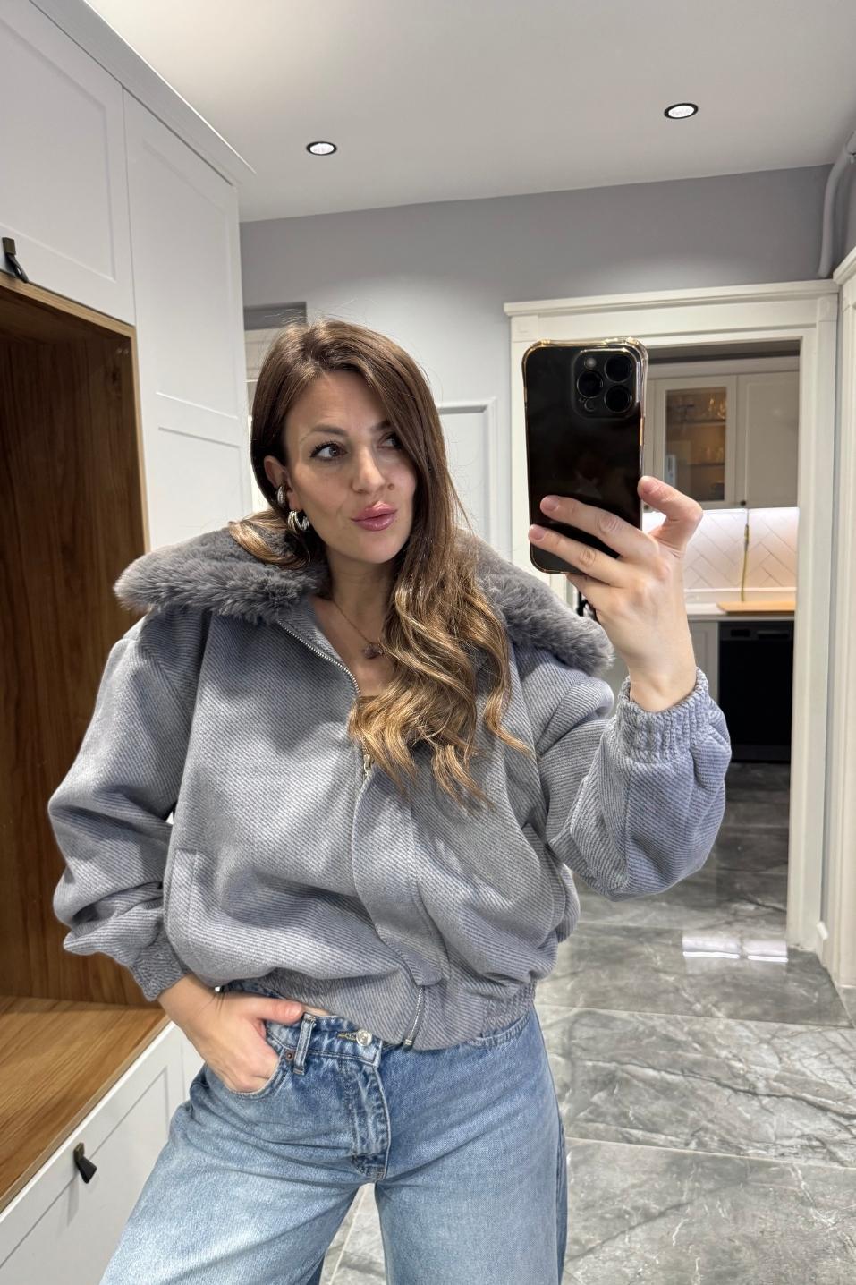 Furline Kaşe Bomber Mont Gri
