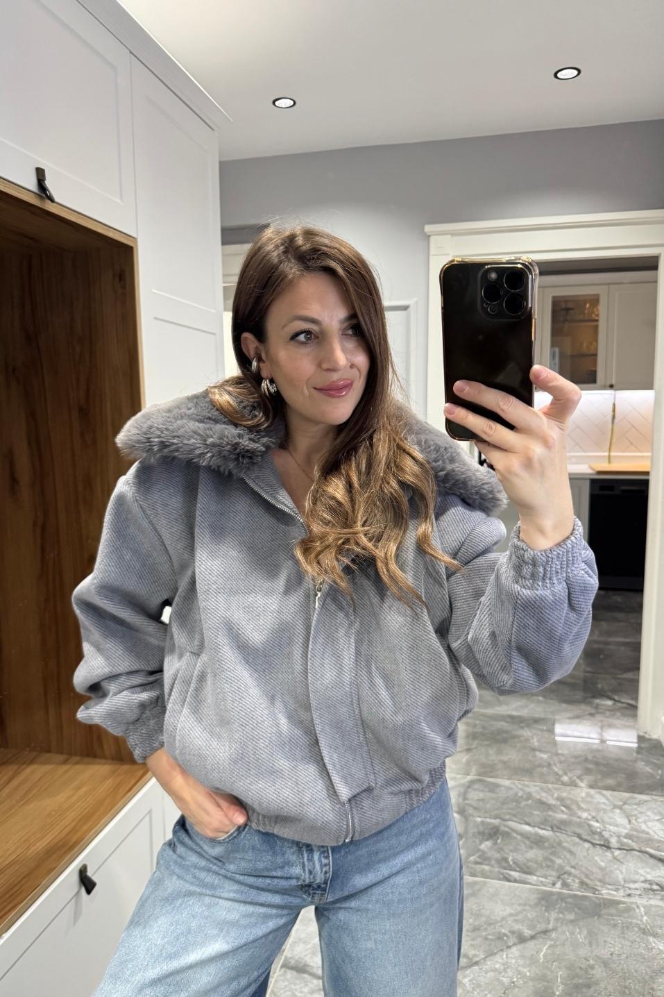 Furline Kaşe Bomber Mont Gri