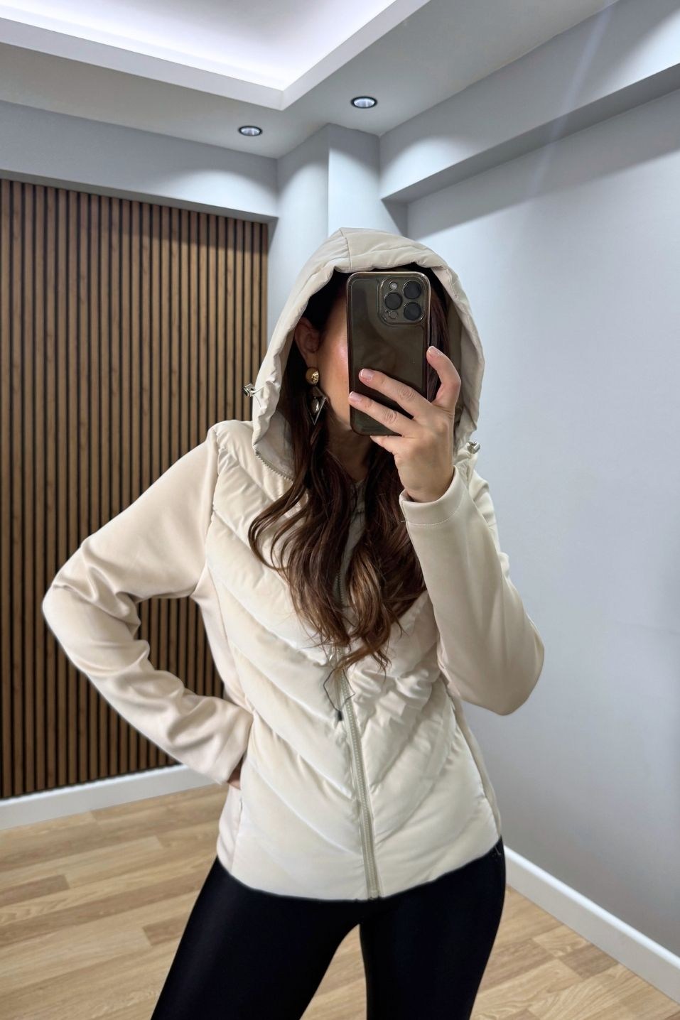 Kapüşonlu Dolgulu Premium Mont Bej