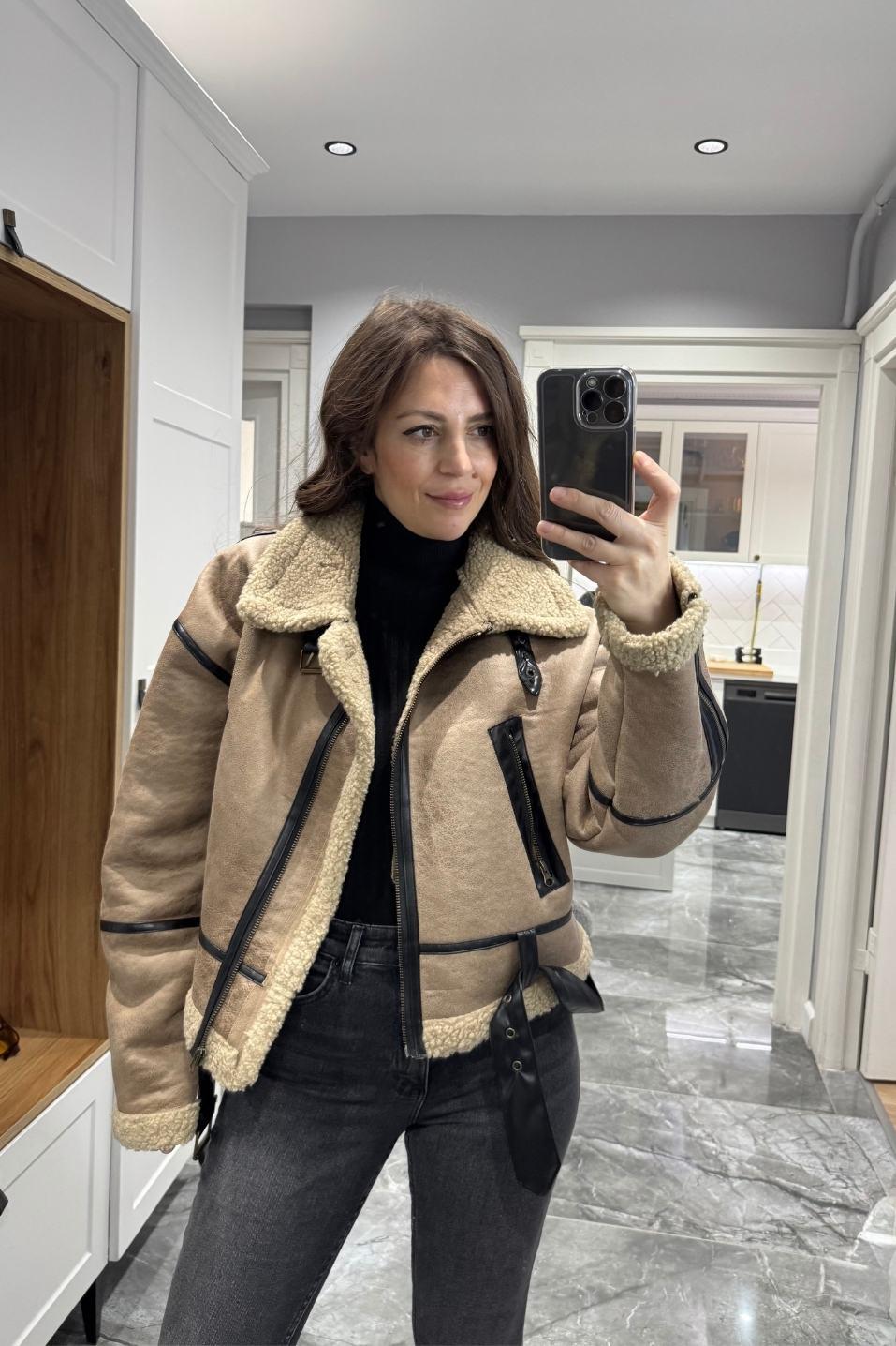 Zr Model İçi Kürklü Kemerli Biker Mont Bej